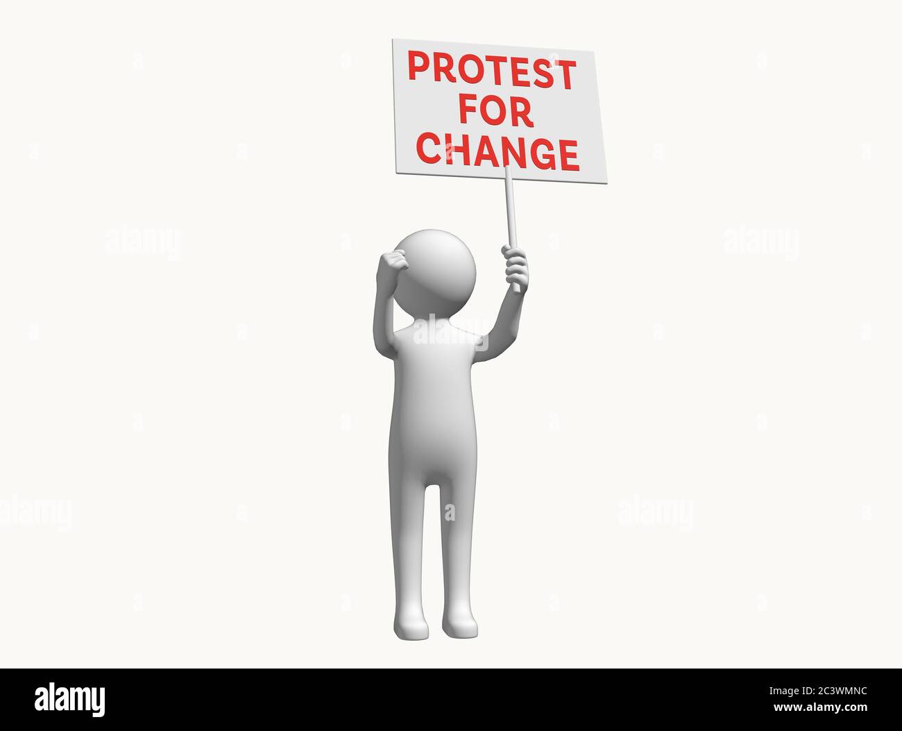 Personnage 3D anonyme avec signe de protestation pour le changement Banque D'Images
