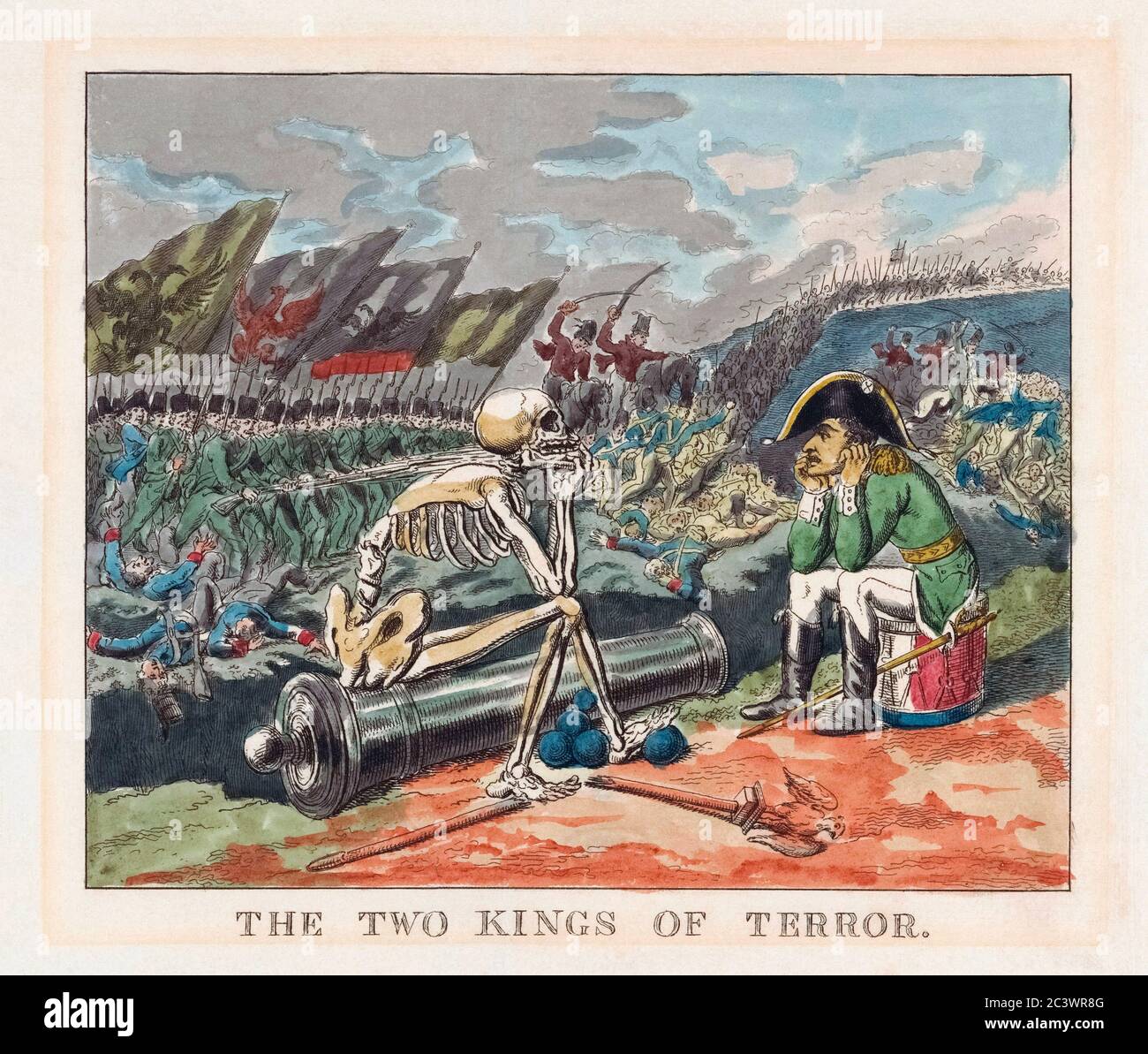 Les deux rois de la terreur. La mort et Napoléon s'assoient les uns contre les autres dans les débris d'un champ de bataille. Caricature politique de 1814. Après une œuvre de Thomas Rowlandson. Banque D'Images