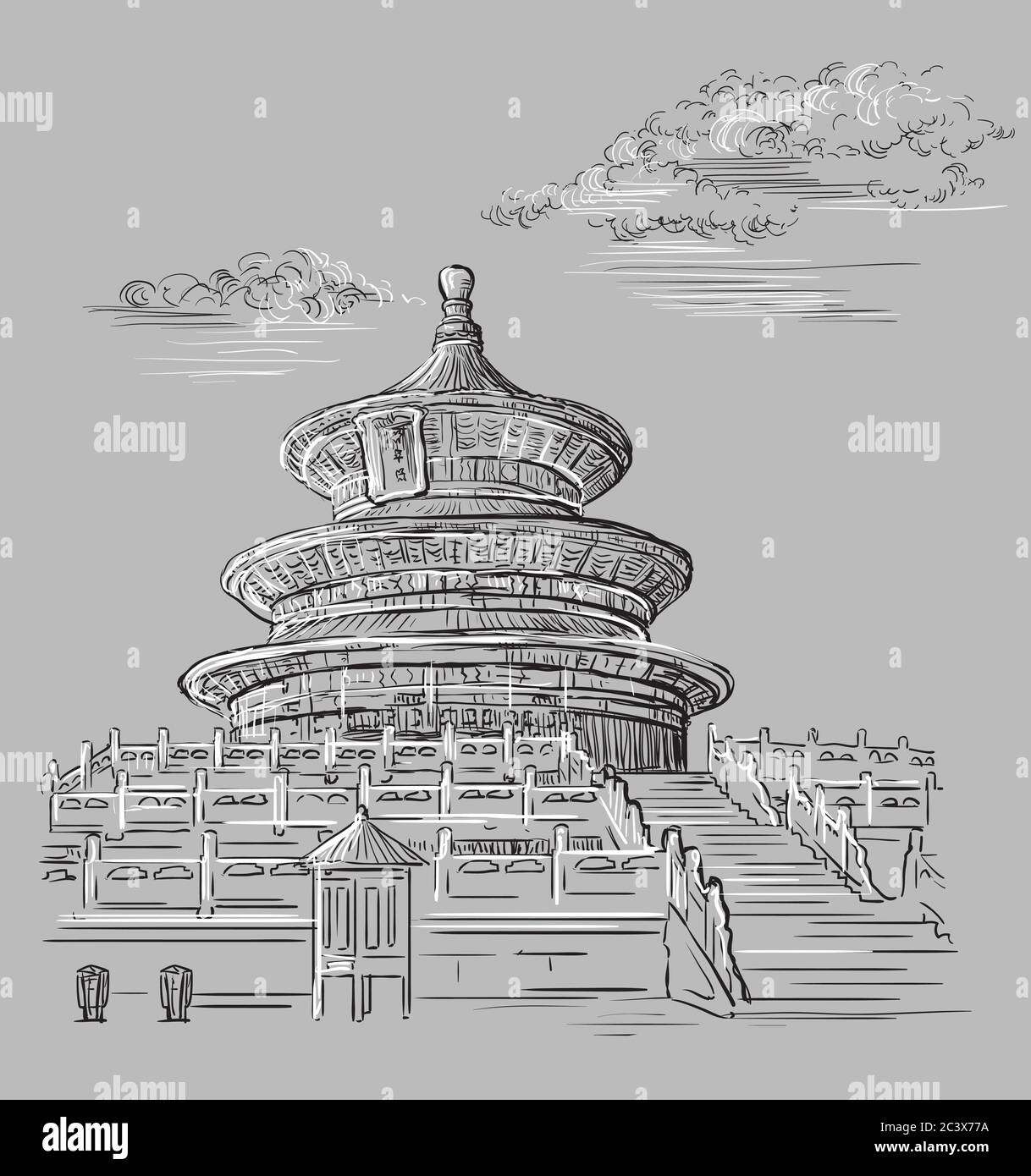 Illustration vectorielle. Temple du ciel à Beijing , monument de la Chine. Illustration d'esquisse vectorielle dessinée à la main en noir et blanc, isolée sur gris Illustration de Vecteur