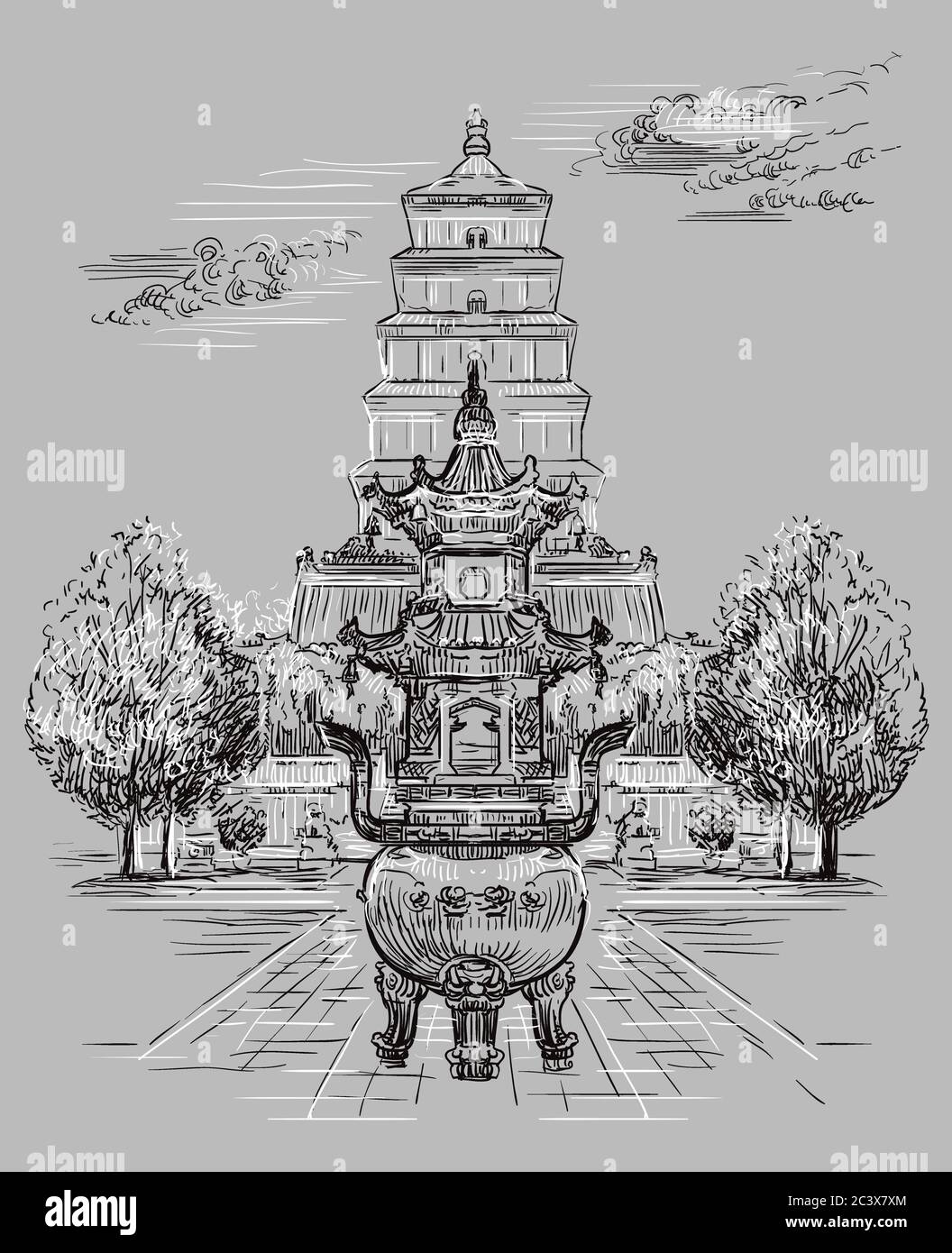 Grande Pagode de l'OIE sauvage dans le sud de Xi'an, province de Shaanxi, point de repère de la Chine. Illustration d'esquisse vectorielle dessinée à la main dans des couleurs monochromes isolées sur g Illustration de Vecteur
