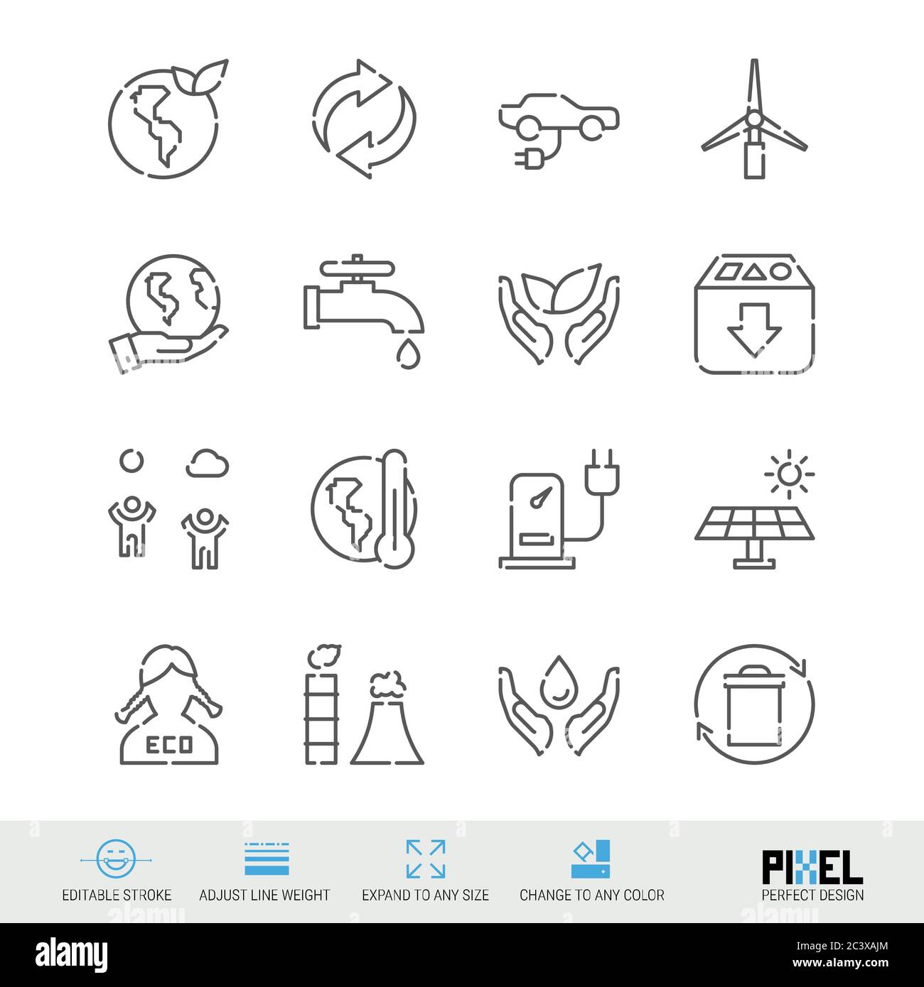 Jeu d'icônes de ligne vectorielle. Icônes linéaires liées à l'écologie. Symboles, pictogrammes et panneaux écologiques. Un design parfait. Contour modifiable. Régler l'épaisseur de ligne. Développer Illustration de Vecteur