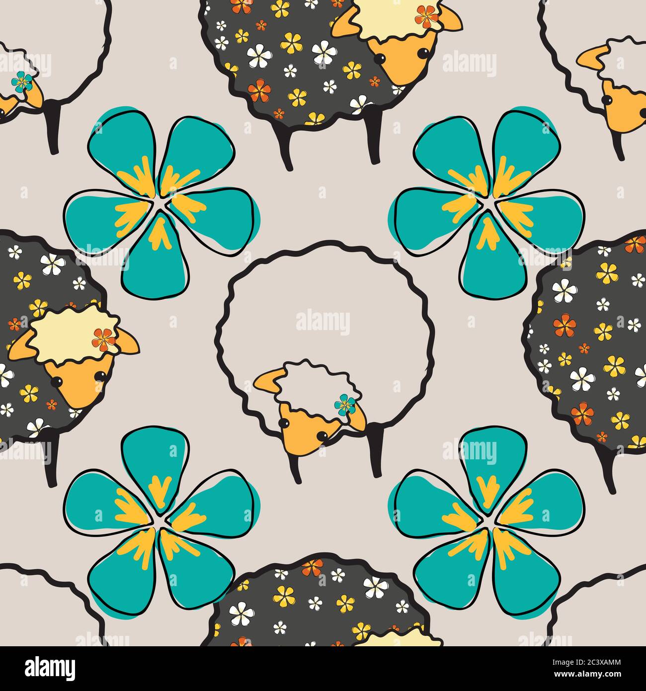 brebis noir et blanc fantaisie et fleurs brebis foncé sur fond blanc, sans couture vecteur motif de surface Illustration de Vecteur