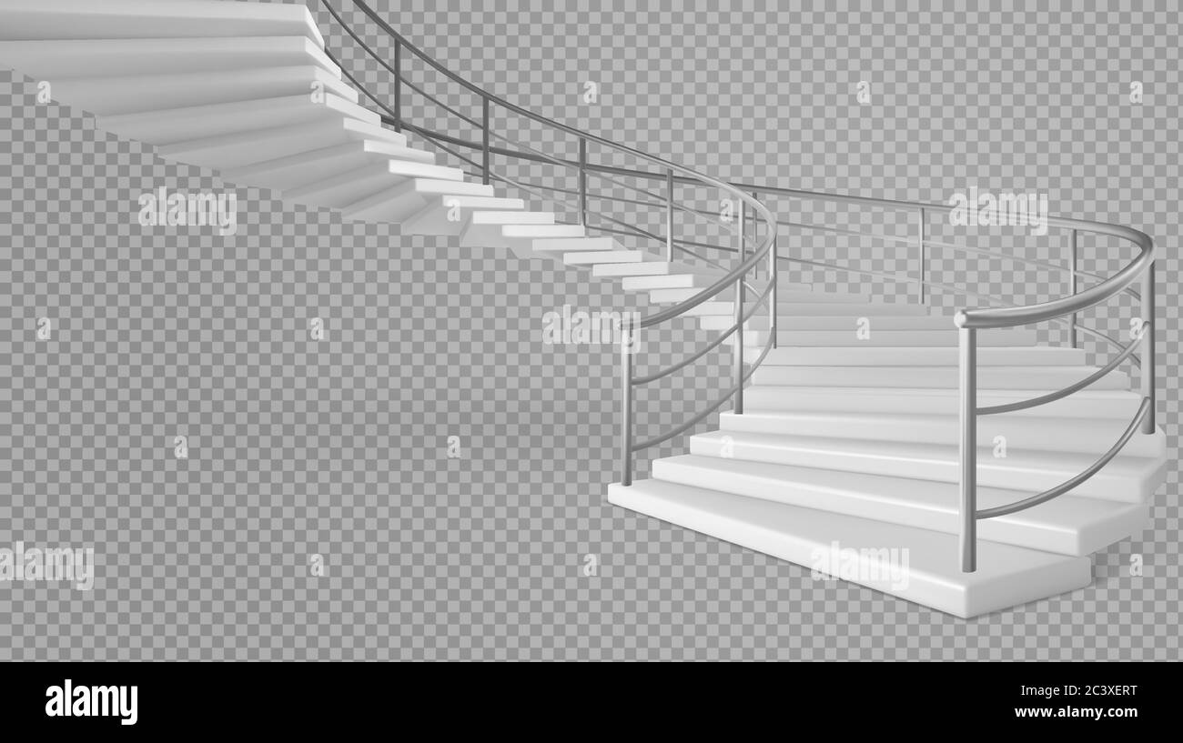 Escalier en spirale, escaliers blancs avec rambardes isolées sur fond transparent. Échelle circulaire hélicoïdale avec rampes en tube métallique et marches en pierre. Intérieur moderne Illustration 3D vectorielle réaliste Illustration de Vecteur