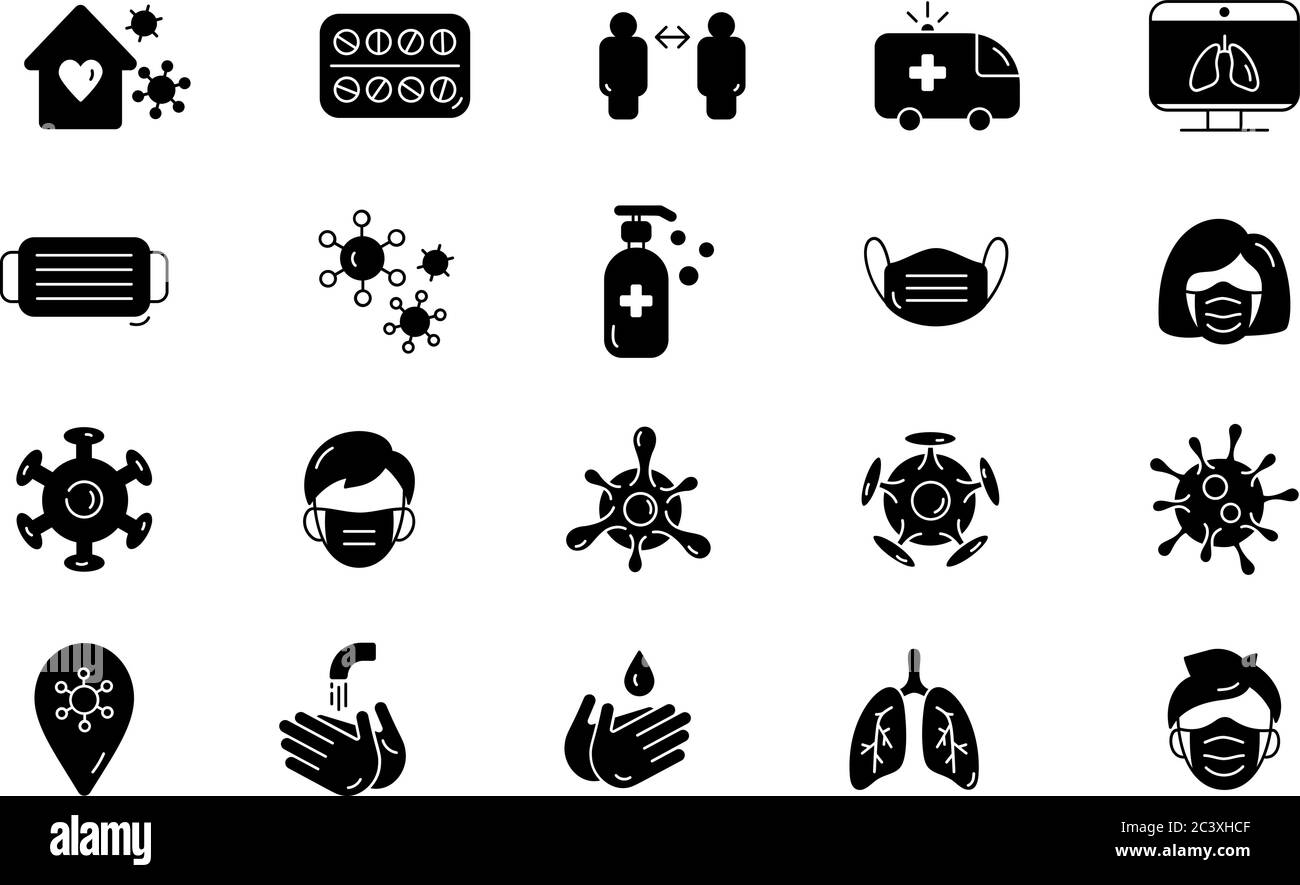 Ensemble de symboles médical icône coronavirus spécialisation. Masque facial, pilules, savon liquide pour les mains, gants médicaux, élément de conception de bouteille de médicament. Médical Illustration de Vecteur