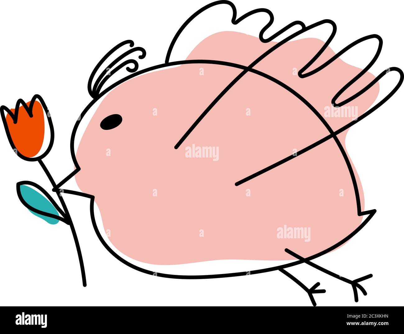 Vecteur volant mignon dessin animé gros oiseau avec fleur tulipe dans le bec. Oiseau en ligne dessiné à la main. Élément de conception pour enfants pour carte de vœux, livre, affiche ou Illustration de Vecteur