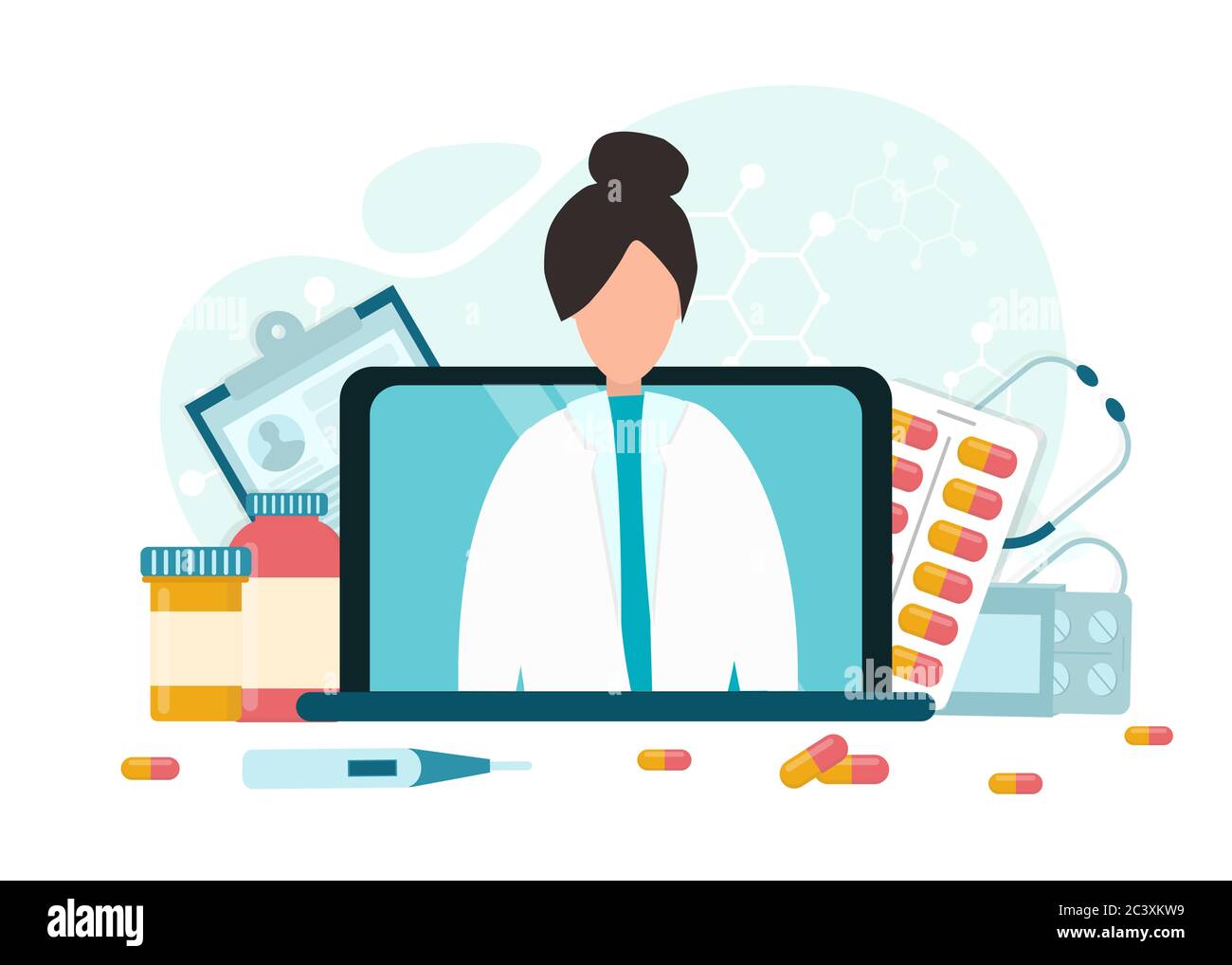 Médecin de famille sur écran d'ordinateur portable et outils médicaux Illustration de Vecteur