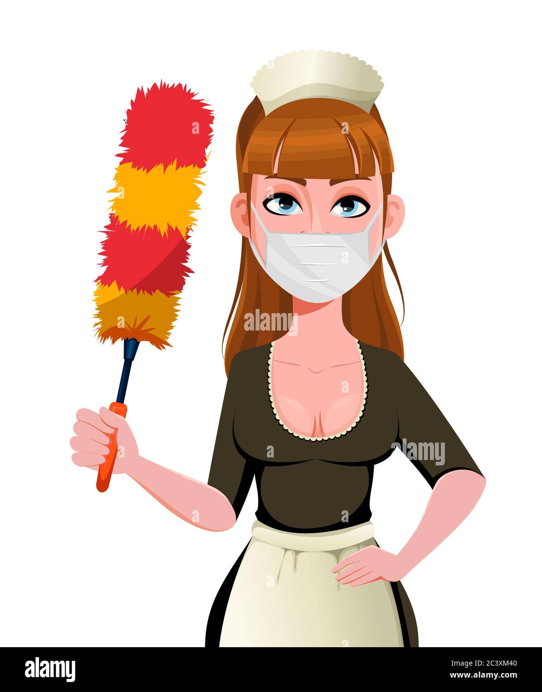 Femme De Menage Femme De Menage Dans Un Masque De Protection Tenant Une Brosse A Poussiere Personnage De Dessin Anime De Housemaid Illustration Vectorielle Image Vectorielle Stock Alamy