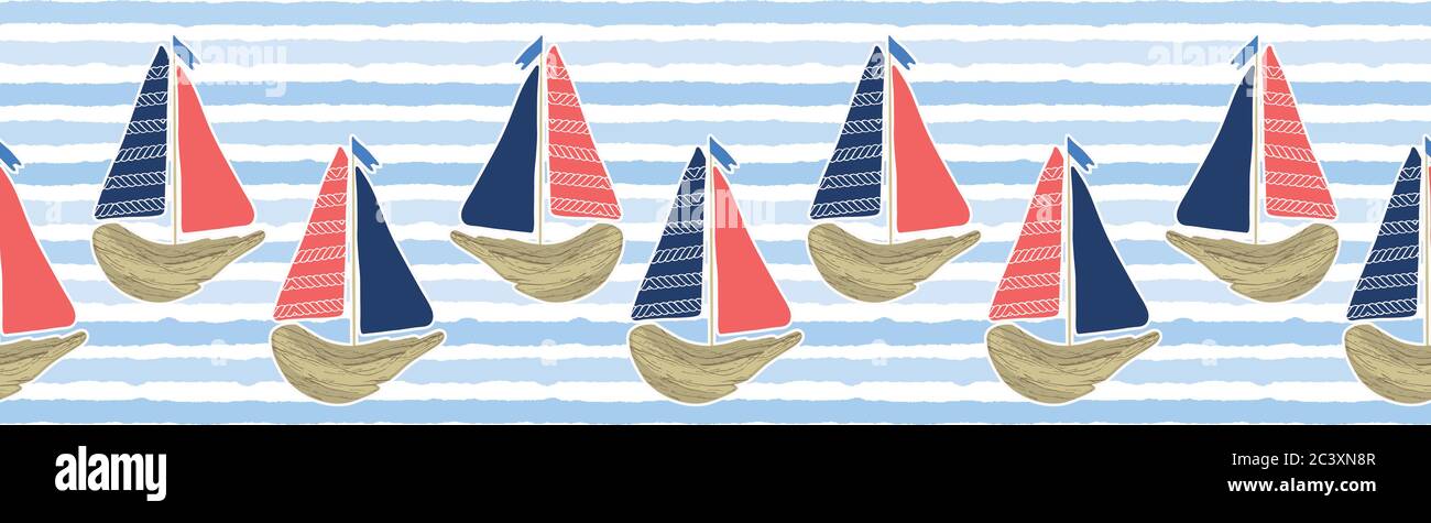 Joli voilier en bois flotté sur le motif bleu de la frontière de l'océan. L'eau marine rayure un fond vectoriel sans couture. Voile nautique, croisière Illustration de Vecteur