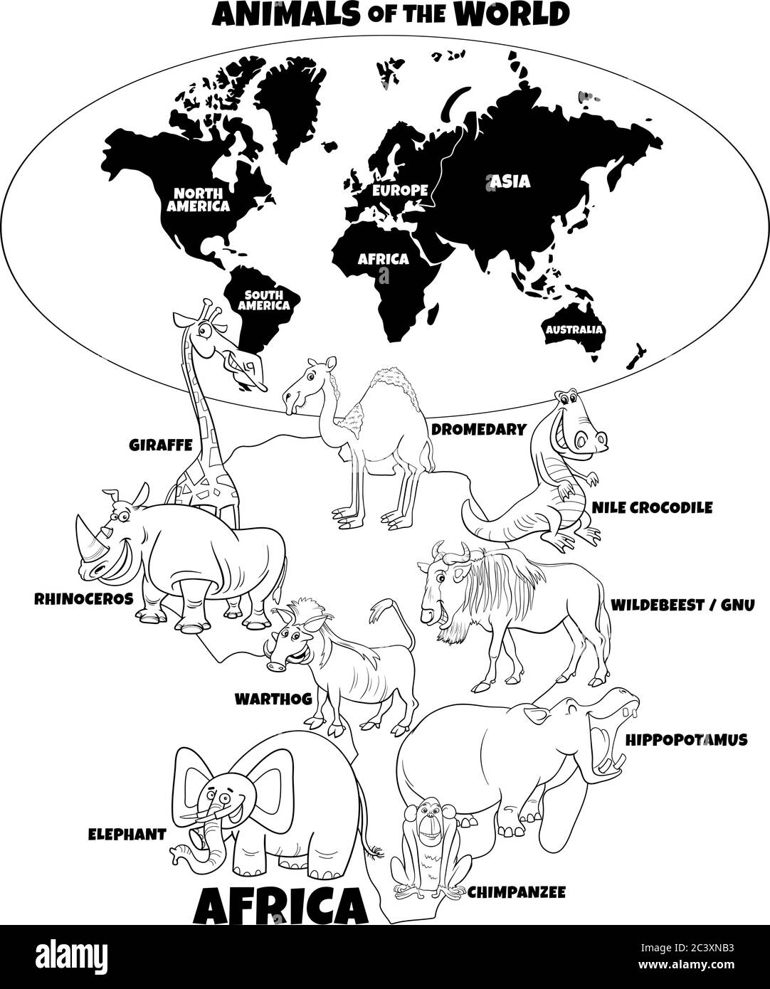 Dessin-modèle éducatif noir et blanc Illustration des animaux africains drôles et carte du monde avec les formes de continents page de livre de coloriage Illustration de Vecteur
