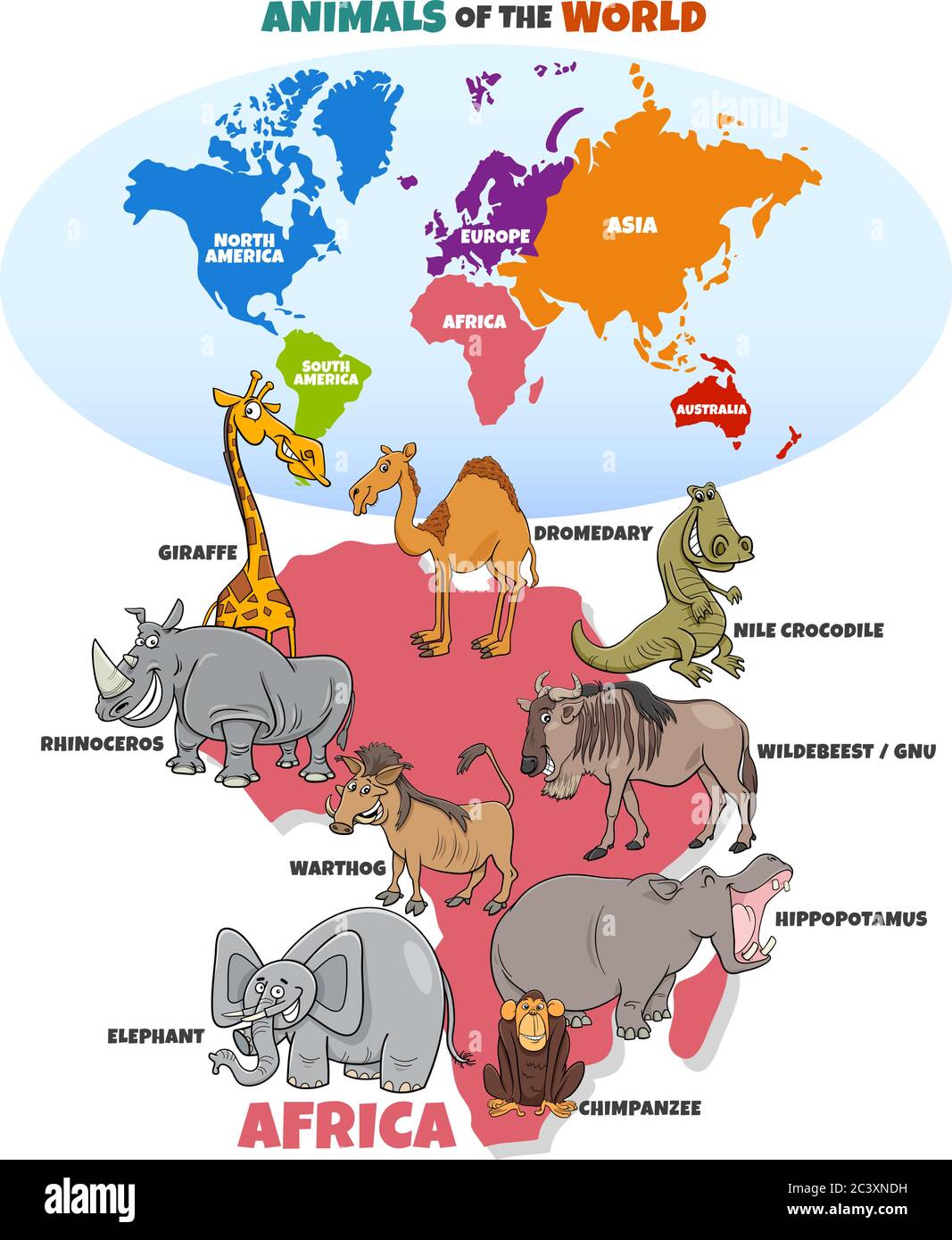 Dessin animé pédagogique Illustration des animaux africains drôles et carte du monde avec des formes de continents Illustration de Vecteur