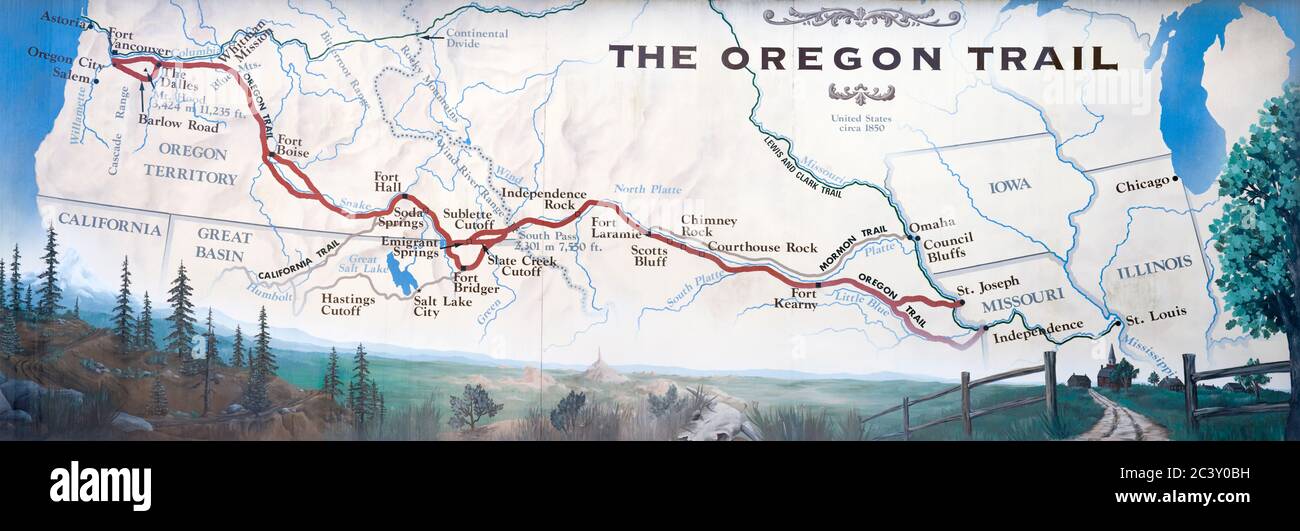 Carte de l'Oregon Trail, centre d'interprétation de la fin de la piste dans la ville de l'Oregon, région du Grand Portland, Oregon, États-Unis Banque D'Images