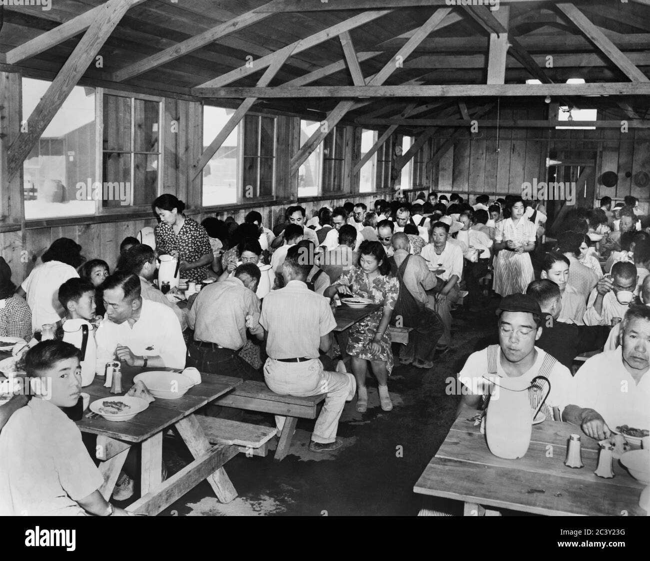 Évacués de l'art ancétique japonais mangeant dans la salle à manger, Pinedale Assembly Center, Pinedale, Californie, États-Unis, U.S. Army signal corps, 1942 Banque D'Images