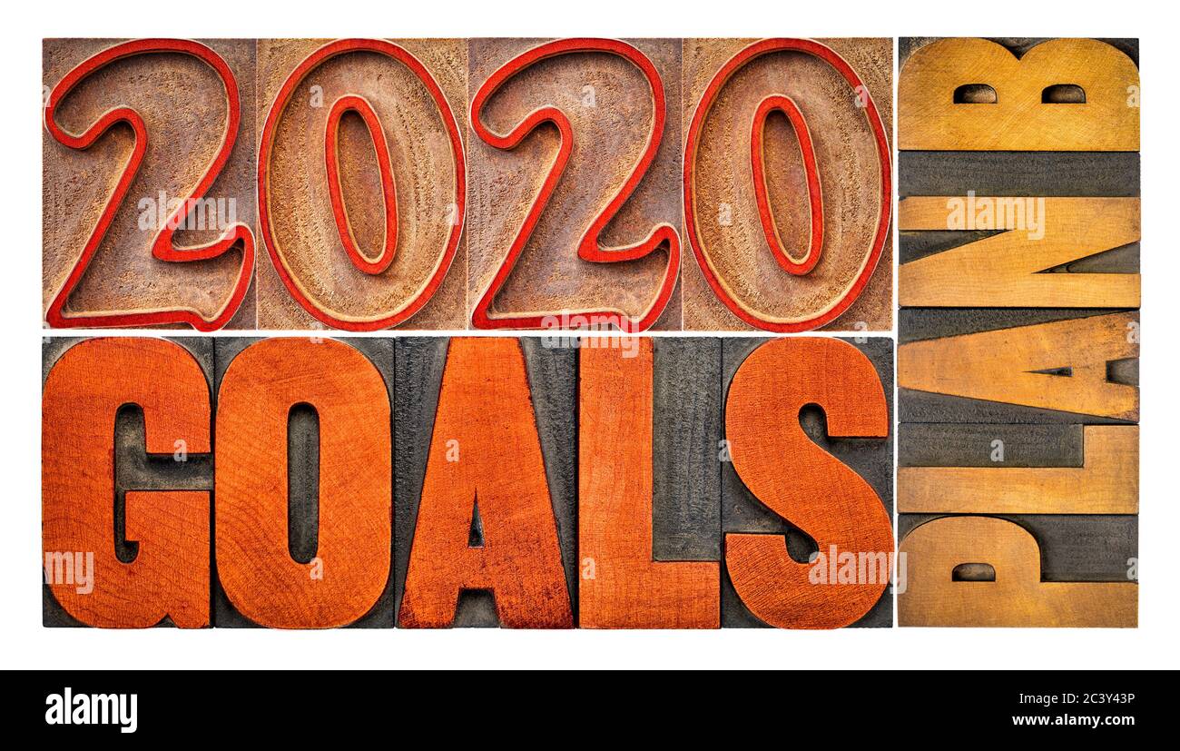Plan d'objectifs 2020 B - bannière isolée en bois de typographie vintage - révision et changement de plan d'affaires ou personnel et concept d'objectifs Banque D'Images
