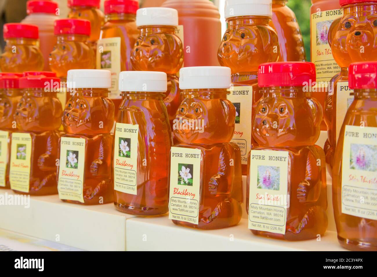 Bouteilles de miel de montagne Misty par dans de nombreuses variétés à vendre sur un marché de fermier à Issaquah, Washington, Etats-Unis Banque D'Images