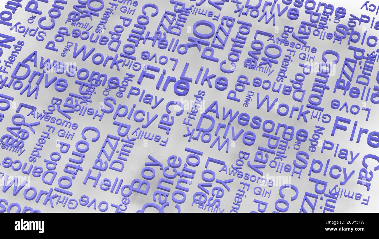 papier peint texte bleu mots aléatoires sur fond gris clair. pluie de lettres dictionnaire abstrait 3d rendu illustration isolée. Idéal pour la typographie Banque D'Images