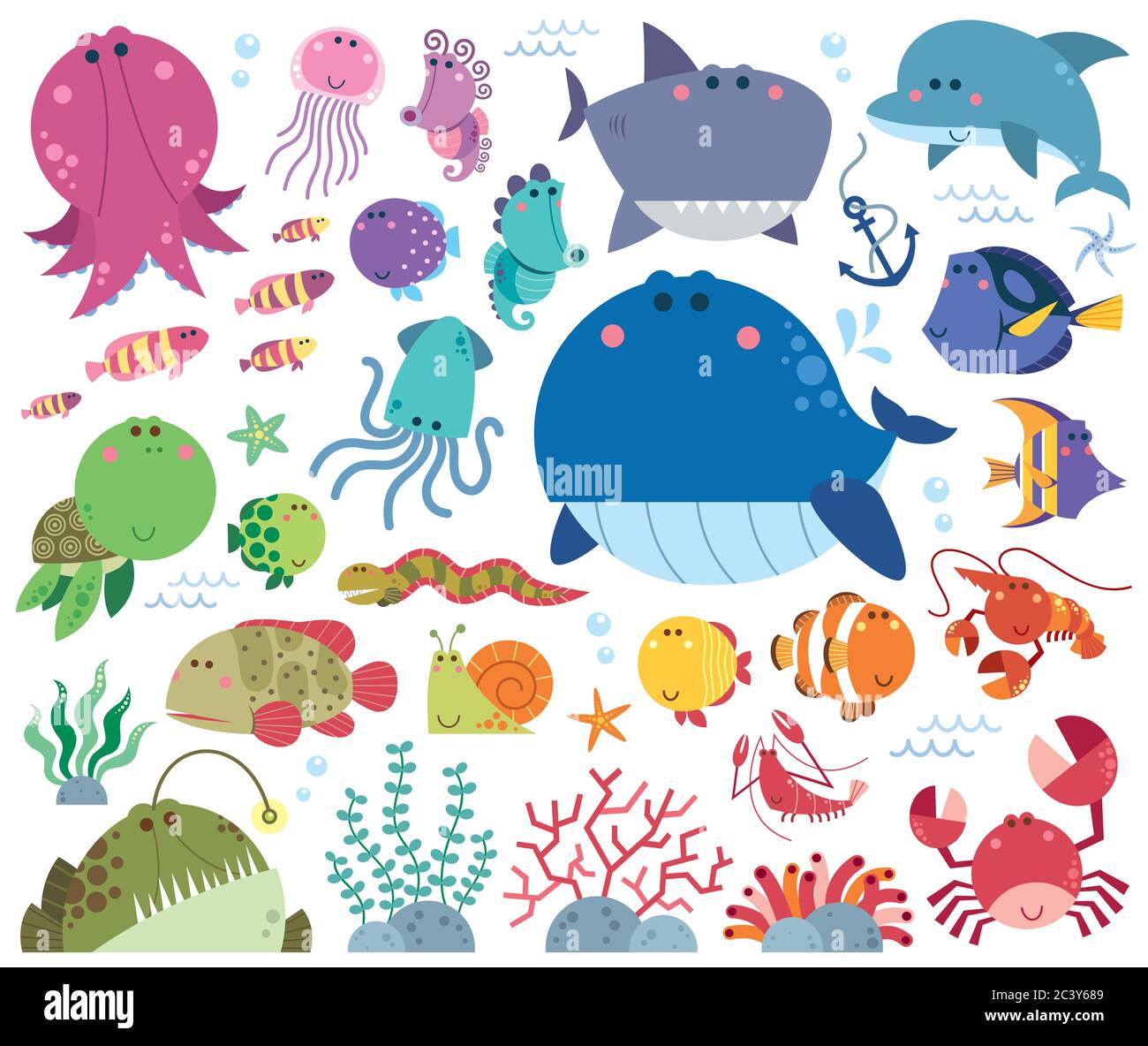Cute Underwater Sea Creatures – illustration de la vie marine de dessin animé Illustration de Vecteur