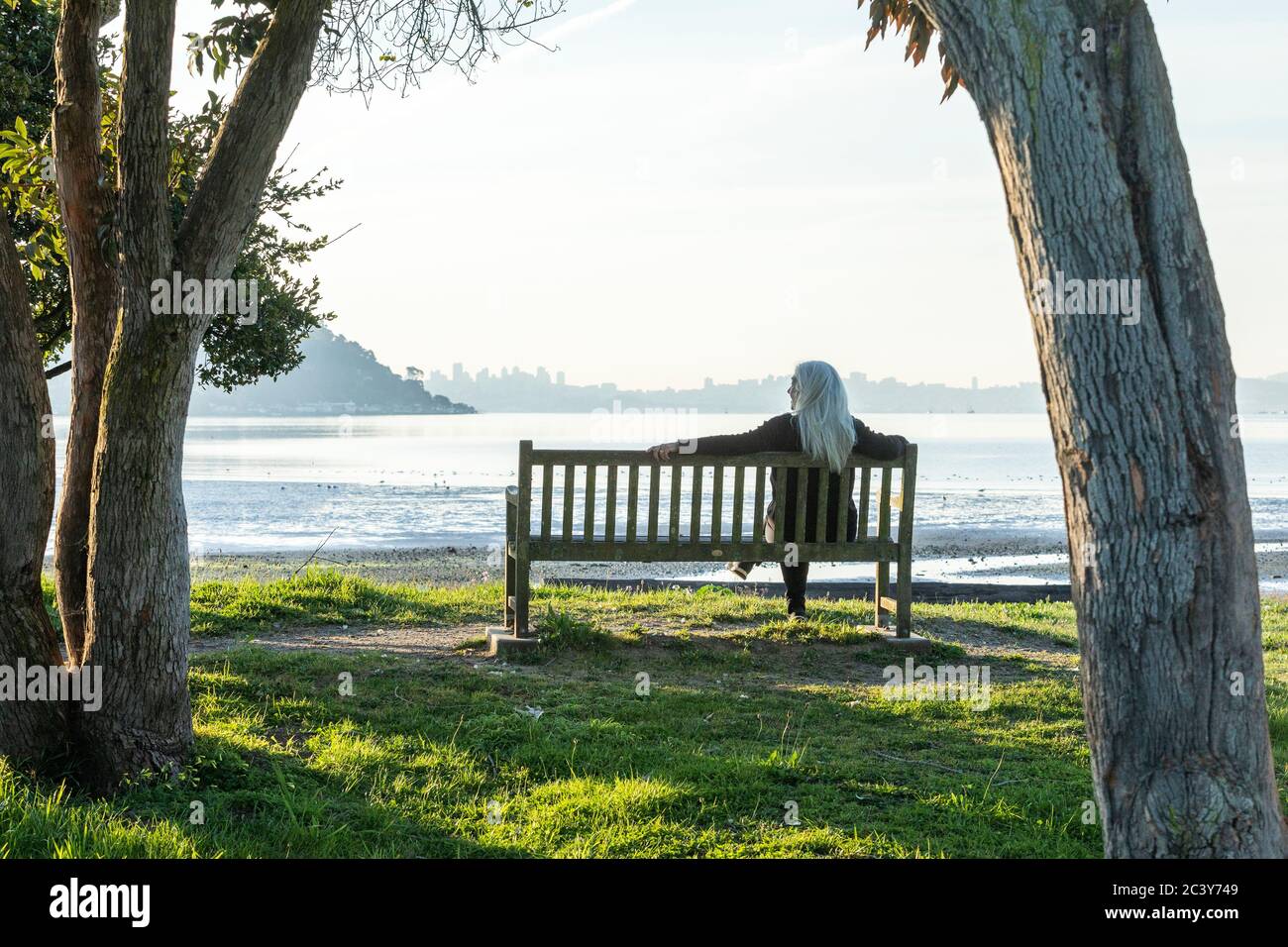 États-Unis, Californie, San Francisco, femme sénior assise sur le banc et regardant la vue Banque D'Images