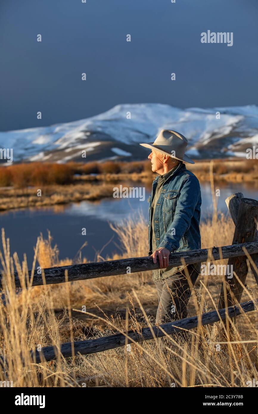États-Unis, Idaho, Sun Valley, homme senior se penchait contre la clôture en regardant la vue Banque D'Images