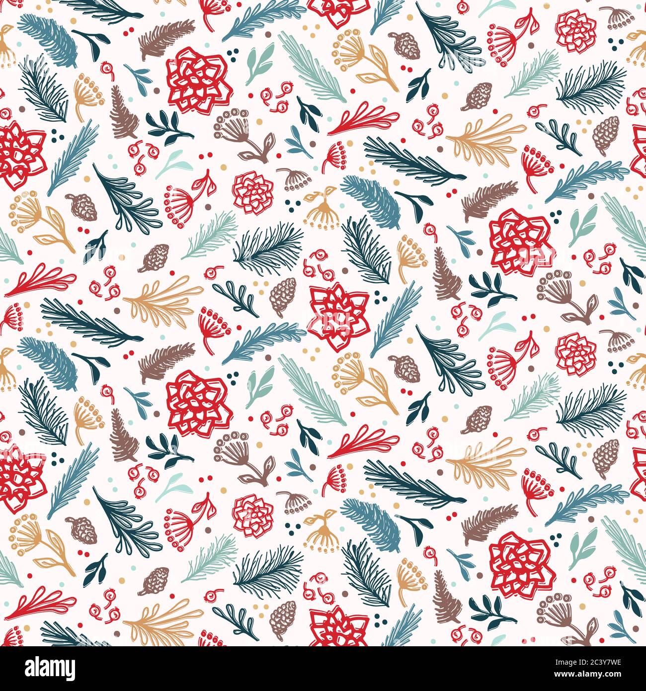 Motif feuillage de Noël abstrait dessiné à la main. Branche de sapin, fond de fleur en poinsettia. Imprimé vacances d'hiver. Cadeau de fête Illustration de Vecteur