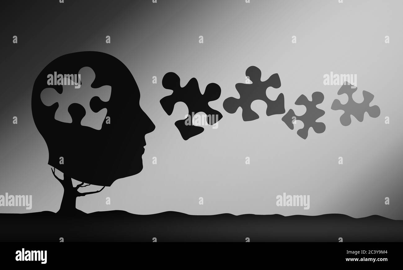 Symbole de trouble du cerveau présenté par la tête humaine et puzzle, concept de la maladie d'Alzheimer, démence, perte de mémoire et mentale, rendu 3d. Banque D'Images