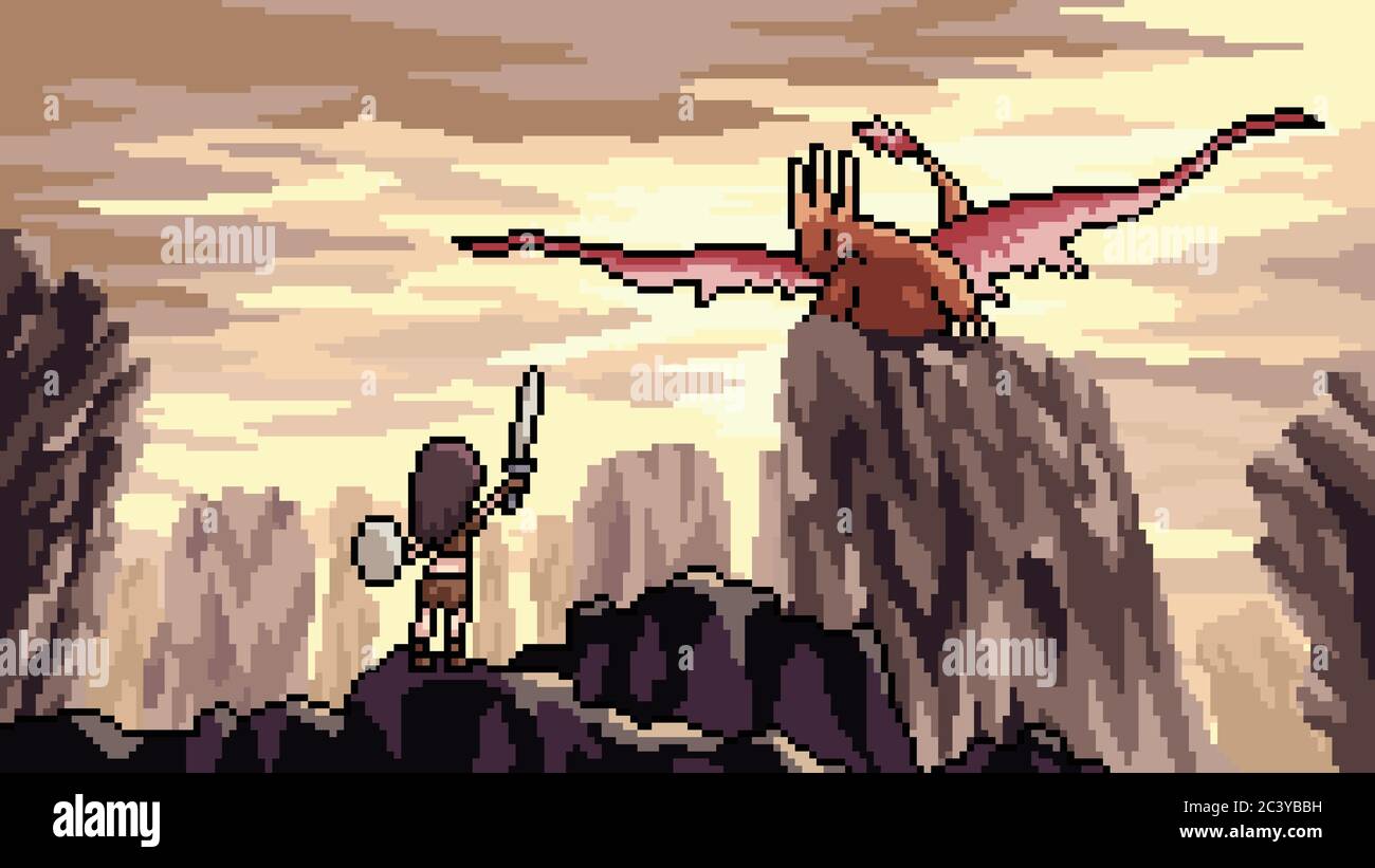 vecteur pixel art scène dragon combat Illustration de Vecteur