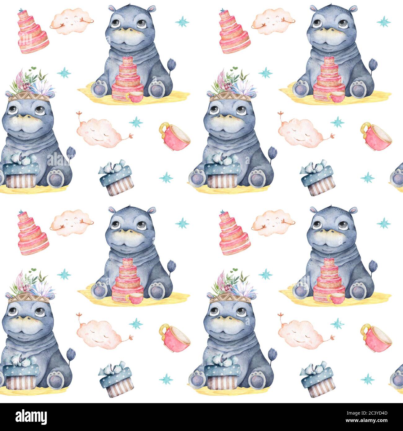 Mignon Bebe Hippo Dessin A La Main Adorable Aquarelle Animaux Africains Illustration Sur Fond Blanc Sans Couture Motif Pour Enfant Photo Stock Alamy