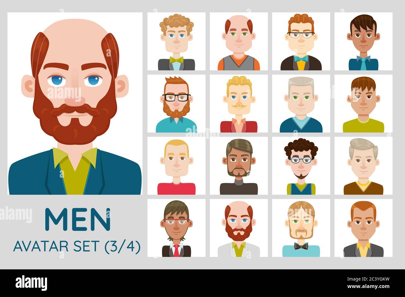 Ensemble avatar masculin. Collection de 16 avatars avec différents styles de cheveux, formes de visage, couleur de peau et vêtements. Jeu 3 sur 4. Illustration de Vecteur