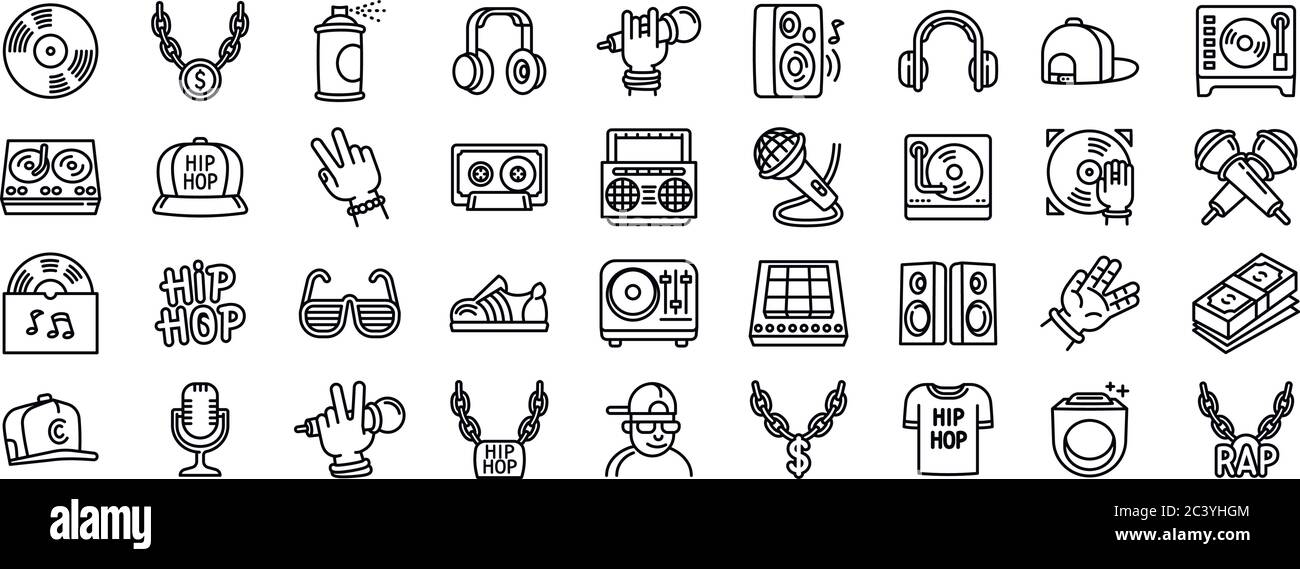 Les icônes hiphop sont définies. Ensemble de contours d'icônes vectorielles hiphop pour la conception Web isolée sur fond blanc Illustration de Vecteur
