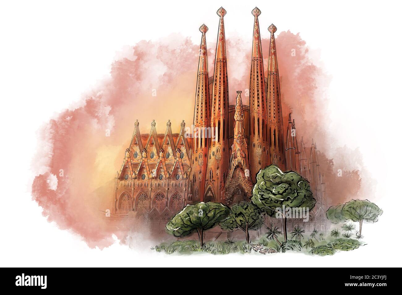 Cathédrale de Barcelone, Espagne. Symbole du tourisme et du monument. Esquisse d'église numérique isolée sur fond blanc Banque D'Images