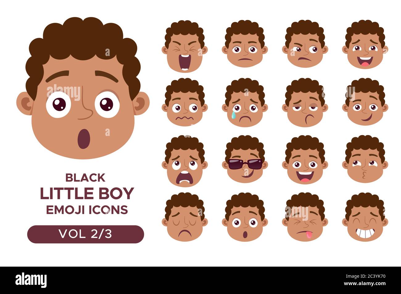 Ensemble d'avatar pour le visage d'un garçon. Personnage emoji petit garçon noir avec différentes expressions. Illustration vectorielle en style dessin animé. Ensemble 2 sur 3. Illustration de Vecteur