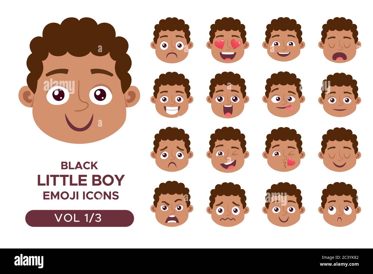 Ensemble d'avatar pour le visage d'un garçon. Personnage emoji petit garçon noir avec différentes expressions. Illustration vectorielle en style dessin animé. Ensemble 1 sur 3. Illustration de Vecteur