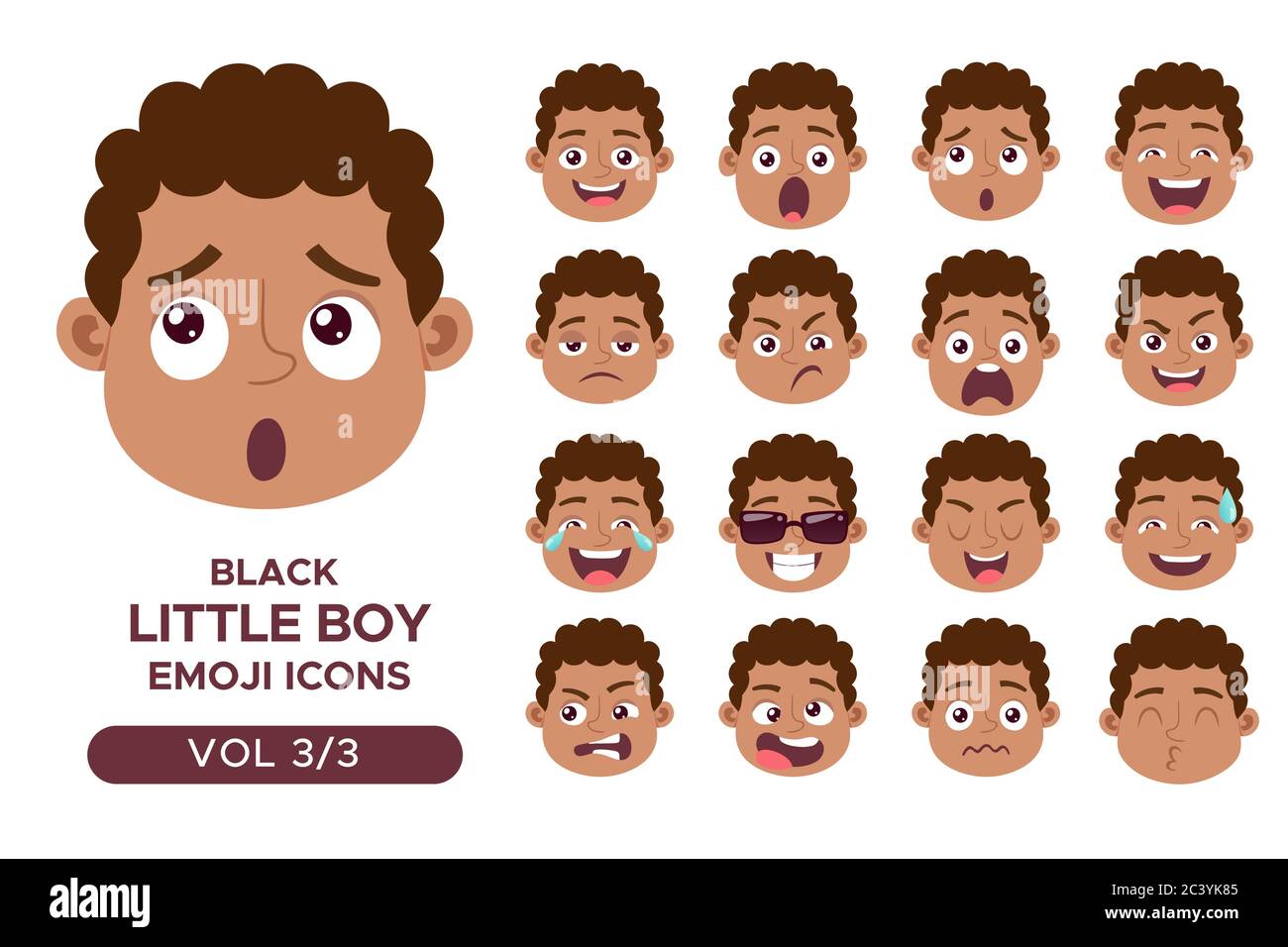Ensemble d'avatar pour le visage d'un garçon. Personnage emoji petit garçon noir avec différentes expressions. Illustration vectorielle en style dessin animé. Jeu 3 sur 3. Illustration de Vecteur