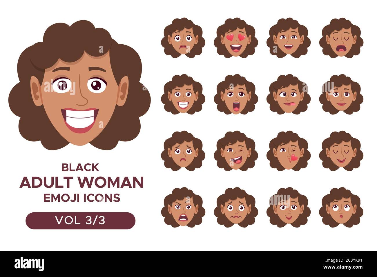 Ensemble d'avatar pour femme. Femme adulte noire personnage emoji avec différentes expressions. Illustration vectorielle en style dessin animé. Jeu 3 sur 3. Illustration de Vecteur