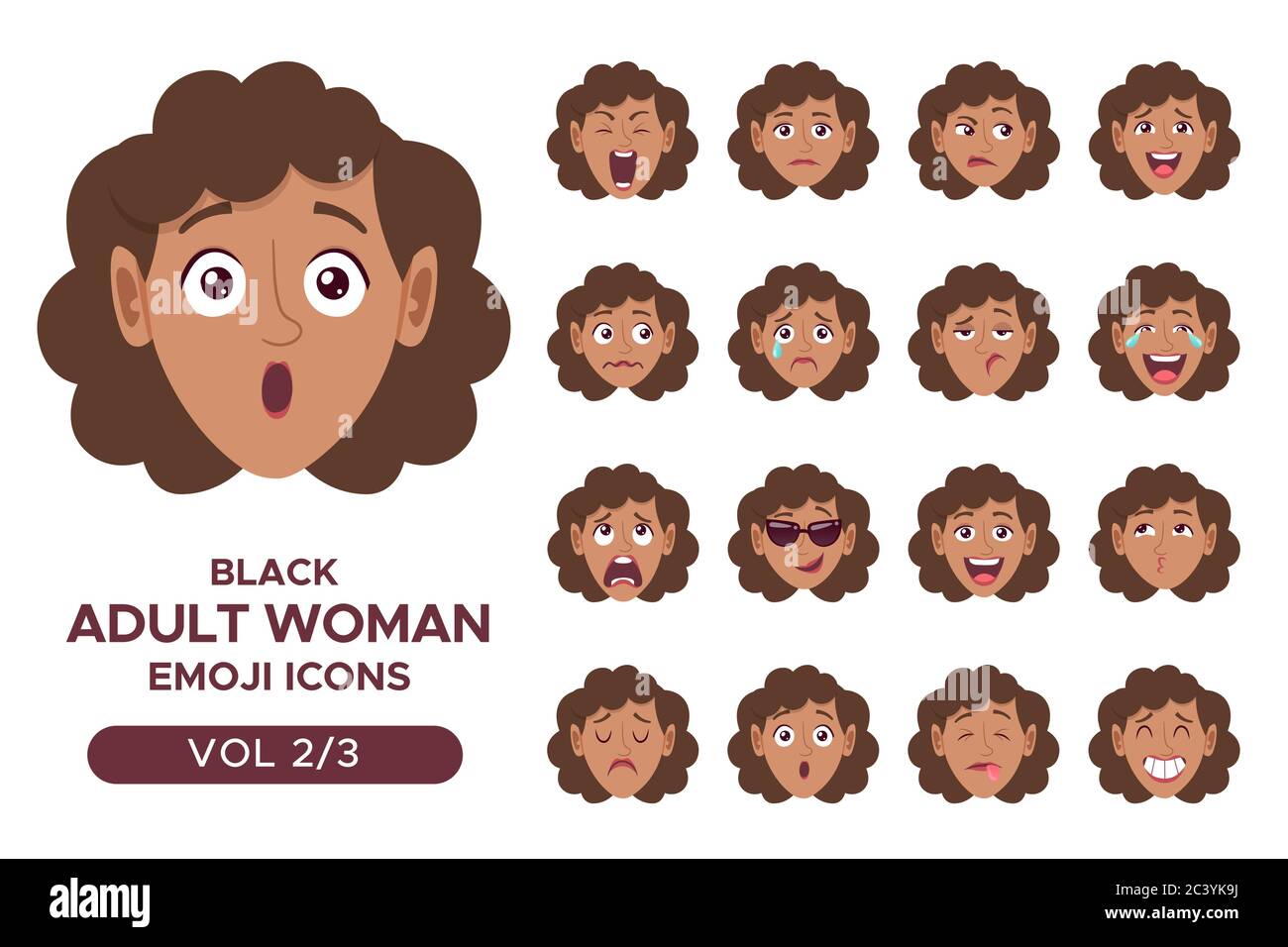 Ensemble d'avatar pour femme. Femme adulte noire personnage emoji avec différentes expressions. Illustration vectorielle en style dessin animé. Ensemble 2 sur 3. Illustration de Vecteur