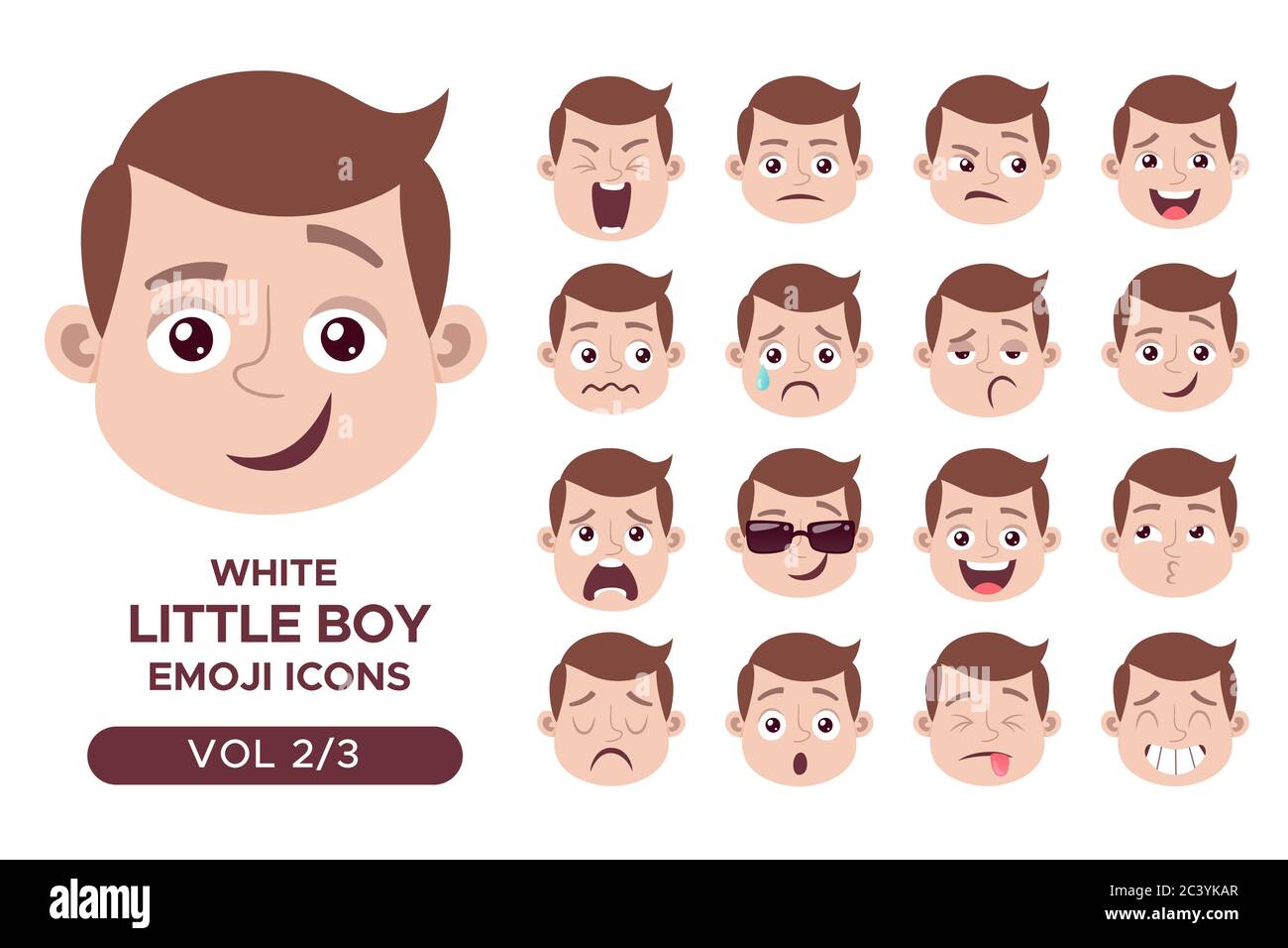 Ensemble d'avatar pour le visage d'un garçon. Personnage emoji blanc petit garçon avec différentes expressions. Illustration vectorielle en style dessin animé. Ensemble 2 sur 3. Illustration de Vecteur