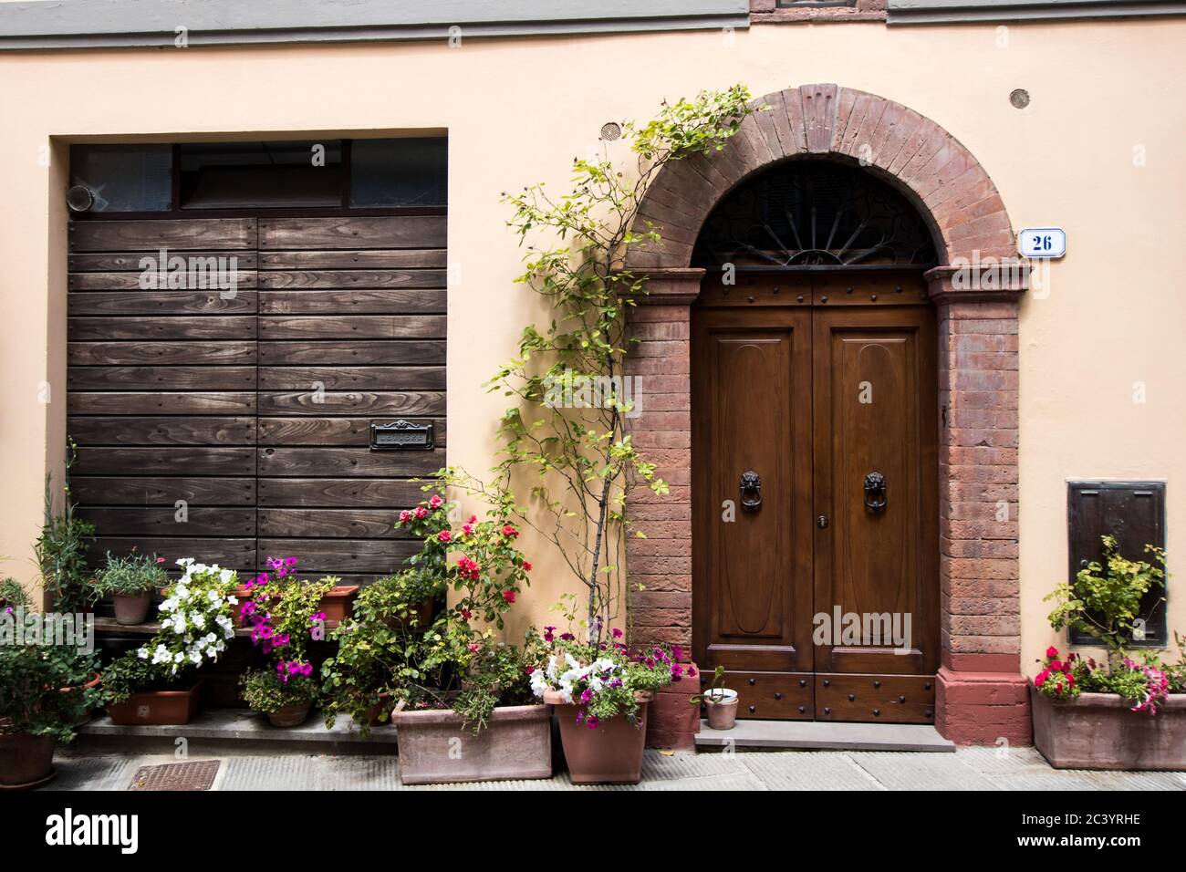Ancienne maison italienne typique avec porte brune et plantes vertes à fleurs. Vacances en Toscane en Italie Banque D'Images