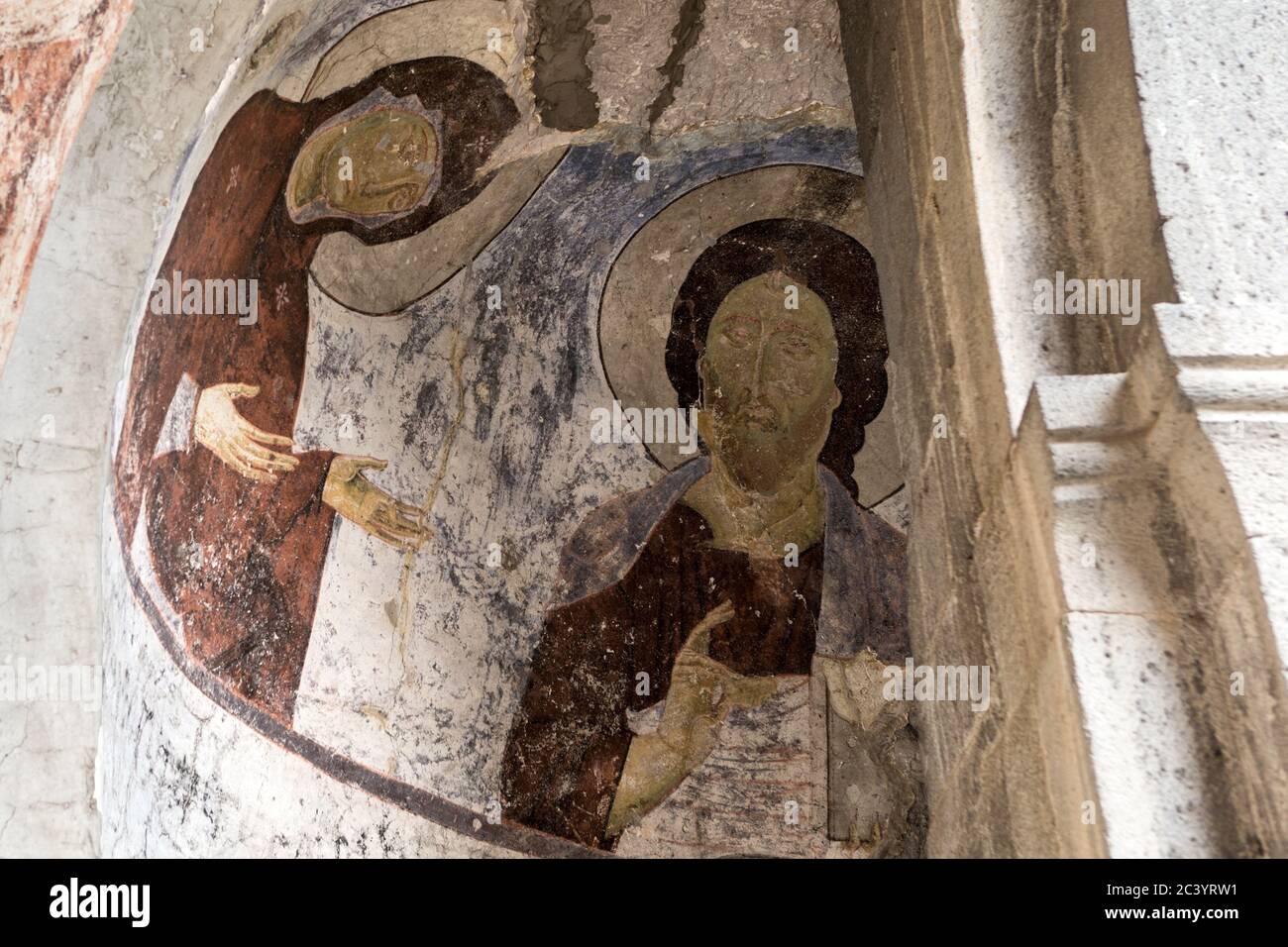 Jésus avec Jean-Baptiste, Église de l'Assomption ville et monestary de Vardzia (grottes), Géorgie du Sud, excavés des pentes de t Banque D'Images