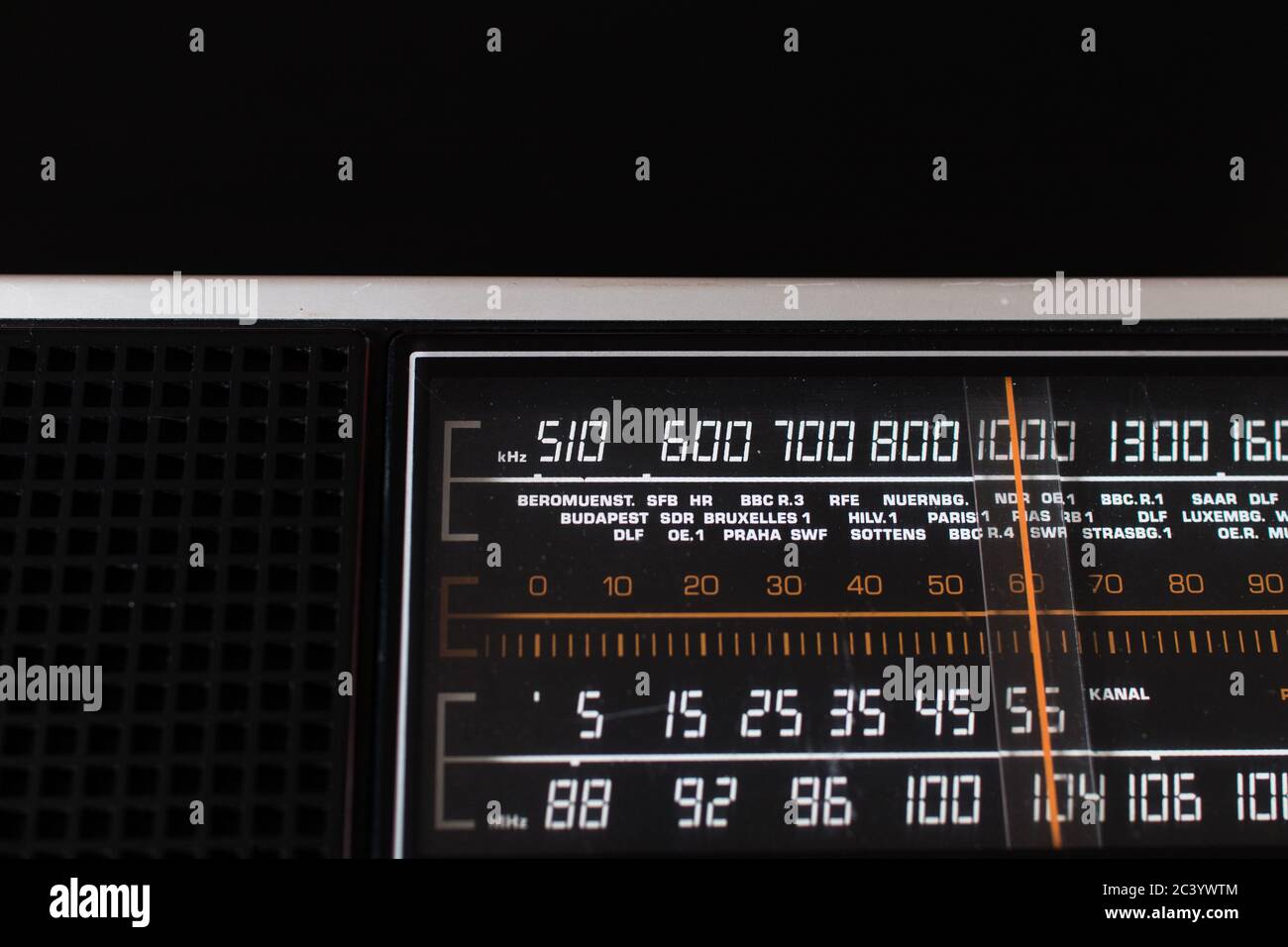 Radio analogique des années 70 avec stations de radio européennes dans la  fenêtre de sélection. Allemand Photo Stock - Alamy