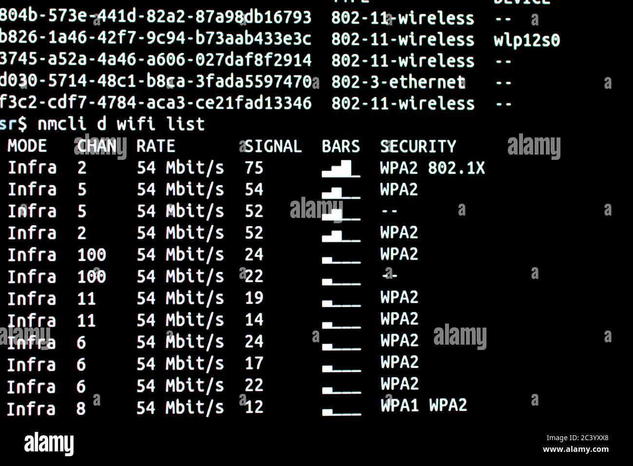 Analyse des réseaux wifi disponibles avec niveau de sécurité et intensité du signal. Analyse des réseaux wifi à partir du terminal connecté par protocole ssh Banque D'Images