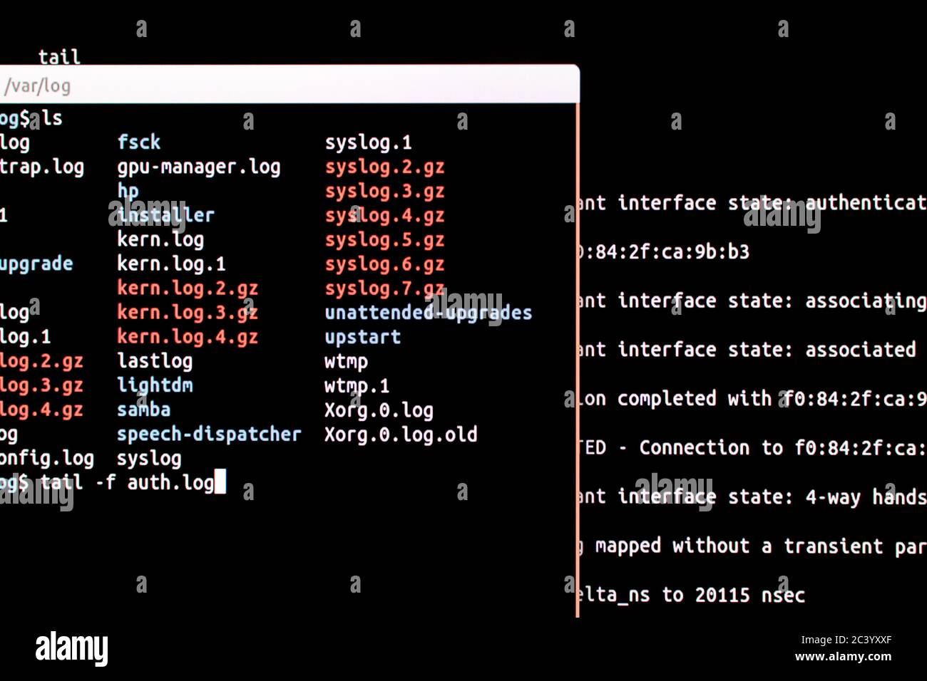Analyse des fichiers journaux d'authentification dans un système d'exploitation. Connexion SSH via un terminal pour tester l'intrusion dans un système d'exploitation. Deux bornes Banque D'Images