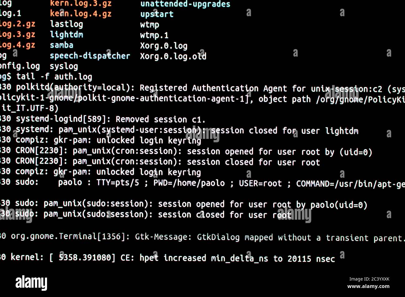 Analyse des fichiers journaux d'authentification dans un système d'exploitation. Connexion SSH via un terminal pour tester l'intrusion dans un système d'exploitation Banque D'Images