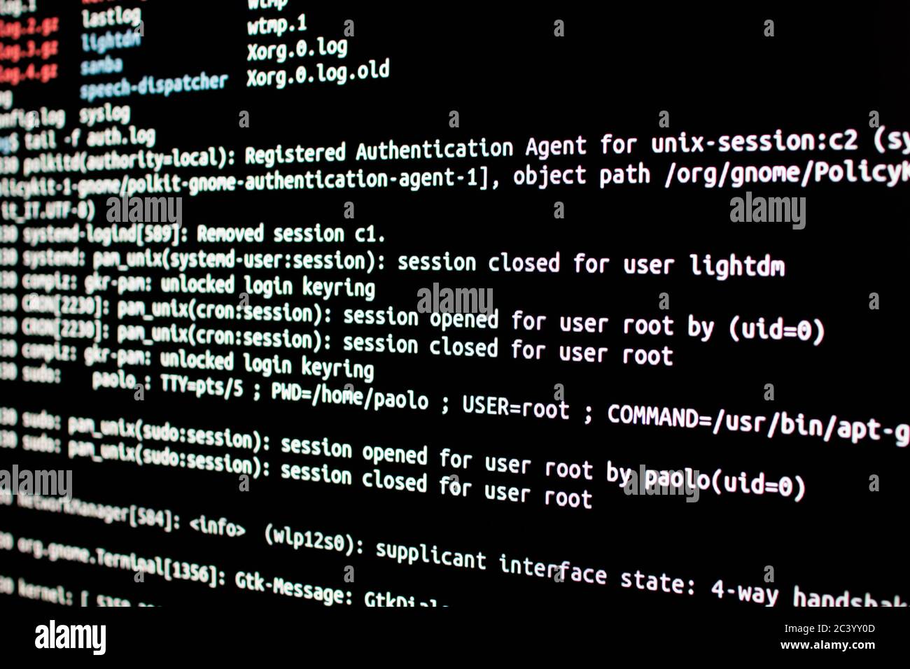 Analyse des fichiers journaux d'authentification dans un système d'exploitation. Connexion SSH via un terminal pour tester l'intrusion dans un système d'exploitation Banque D'Images