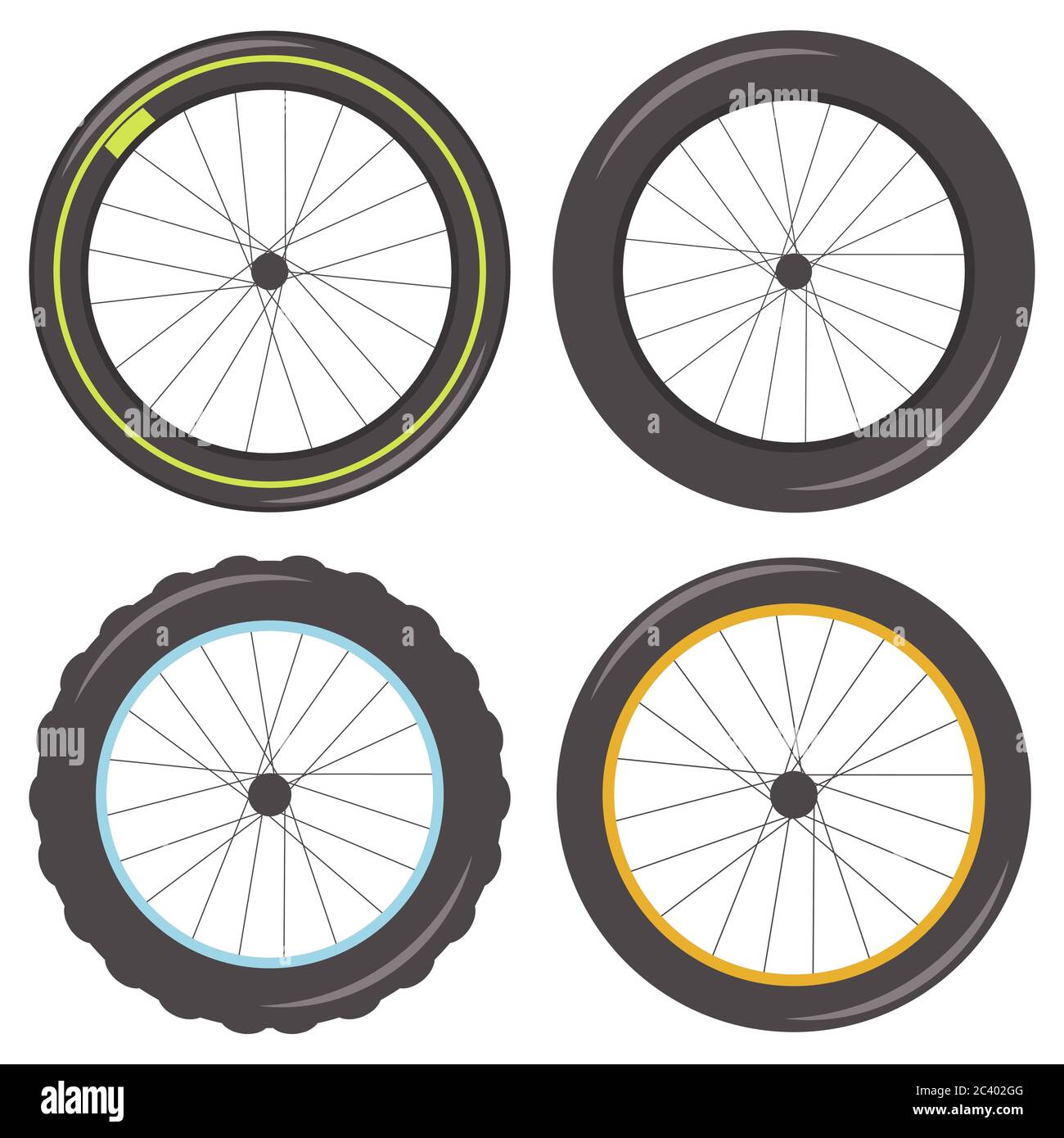 Roue de vélo avec rayons de différents types: Sport, graisse, clouté et classique pneu. Icônes vectorielles isolées sur fond blanc. Illustration de Vecteur