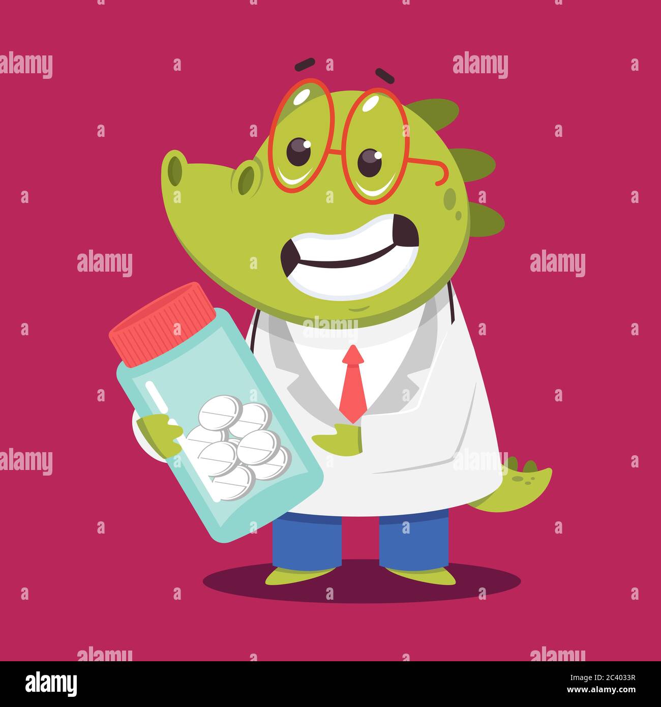 Médecin d'enfants crocodile avec des pilules vecteur caricature drôle caractère médical isolé sur fond. Illustration de Vecteur