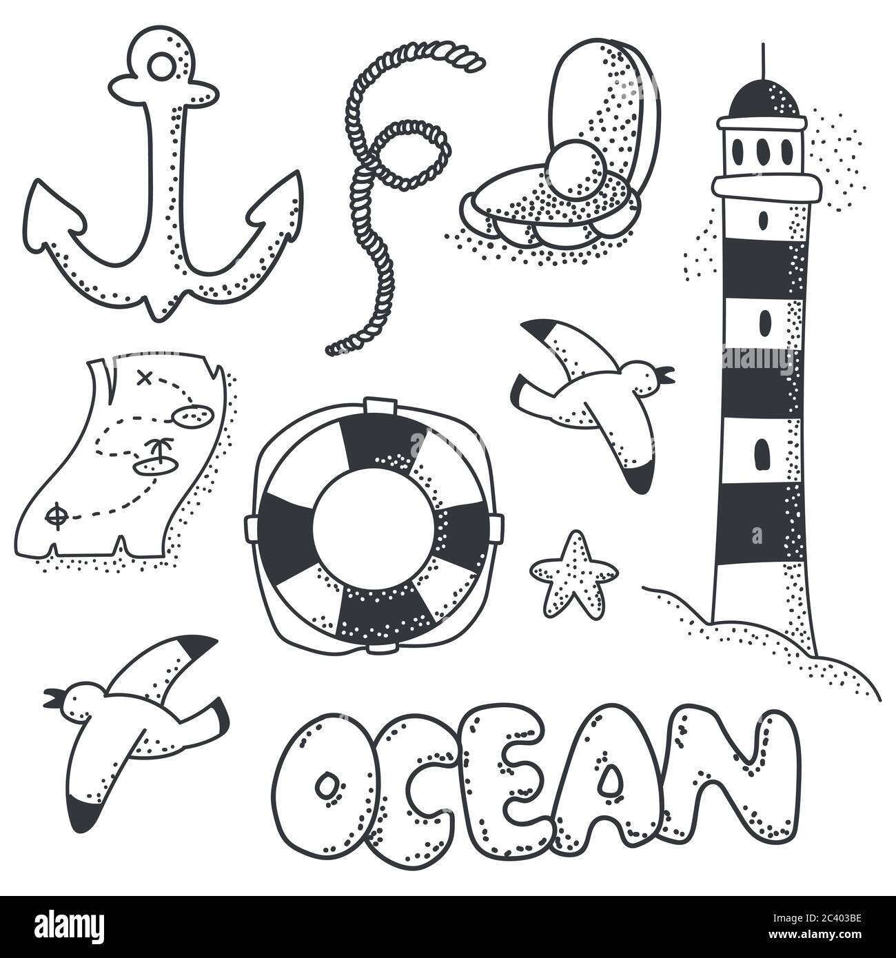 Ensemble de vecteurs d'éléments d'esquisse Ocean Doodle isolé sur un fond blanc. Illustration de Vecteur