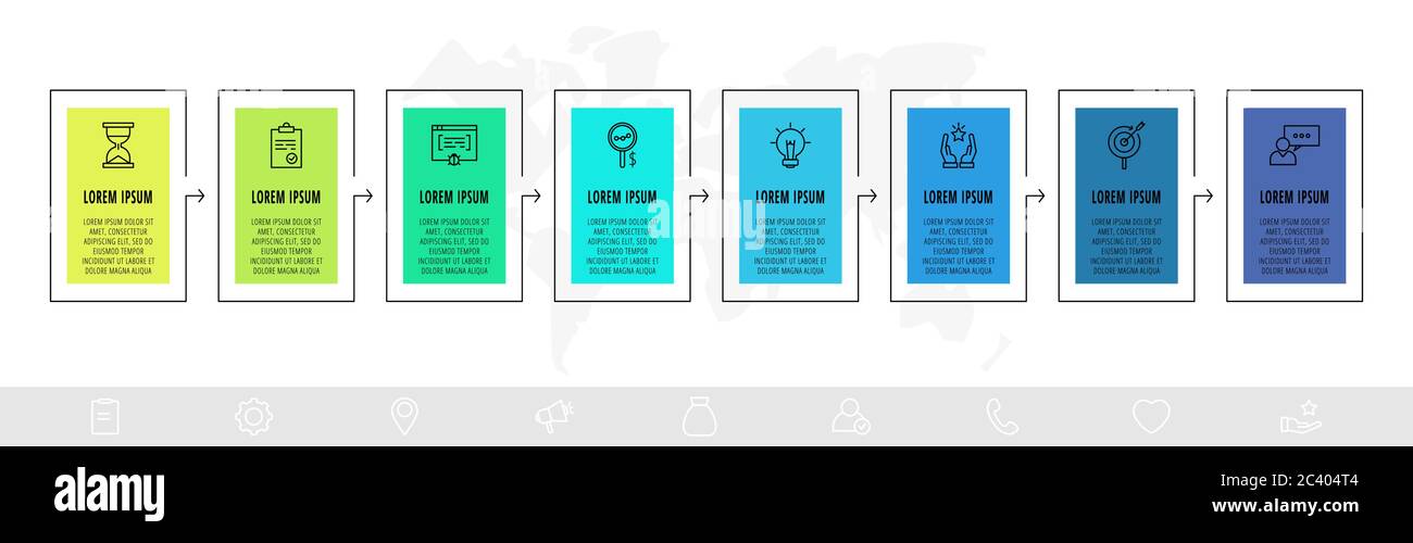 Chronologie modèle d'infographies linéaires de conception créative. Illustration vectorielle métier avec 8 options, flèches. Peut être utilisé pour la bannière de processus, le diagramme Illustration de Vecteur