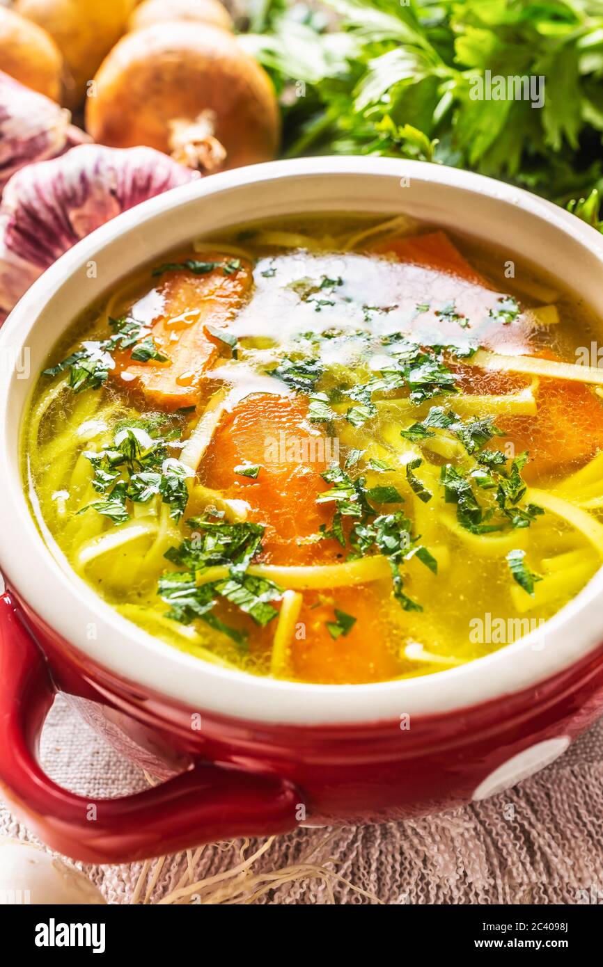Bouillon de poulet dans un bol vintage avec nouilles maison oignon