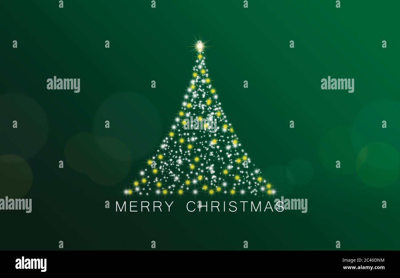 Arbre de Noël abstrait avec étoiles lumineuses sur fond vert. Banque D'Images