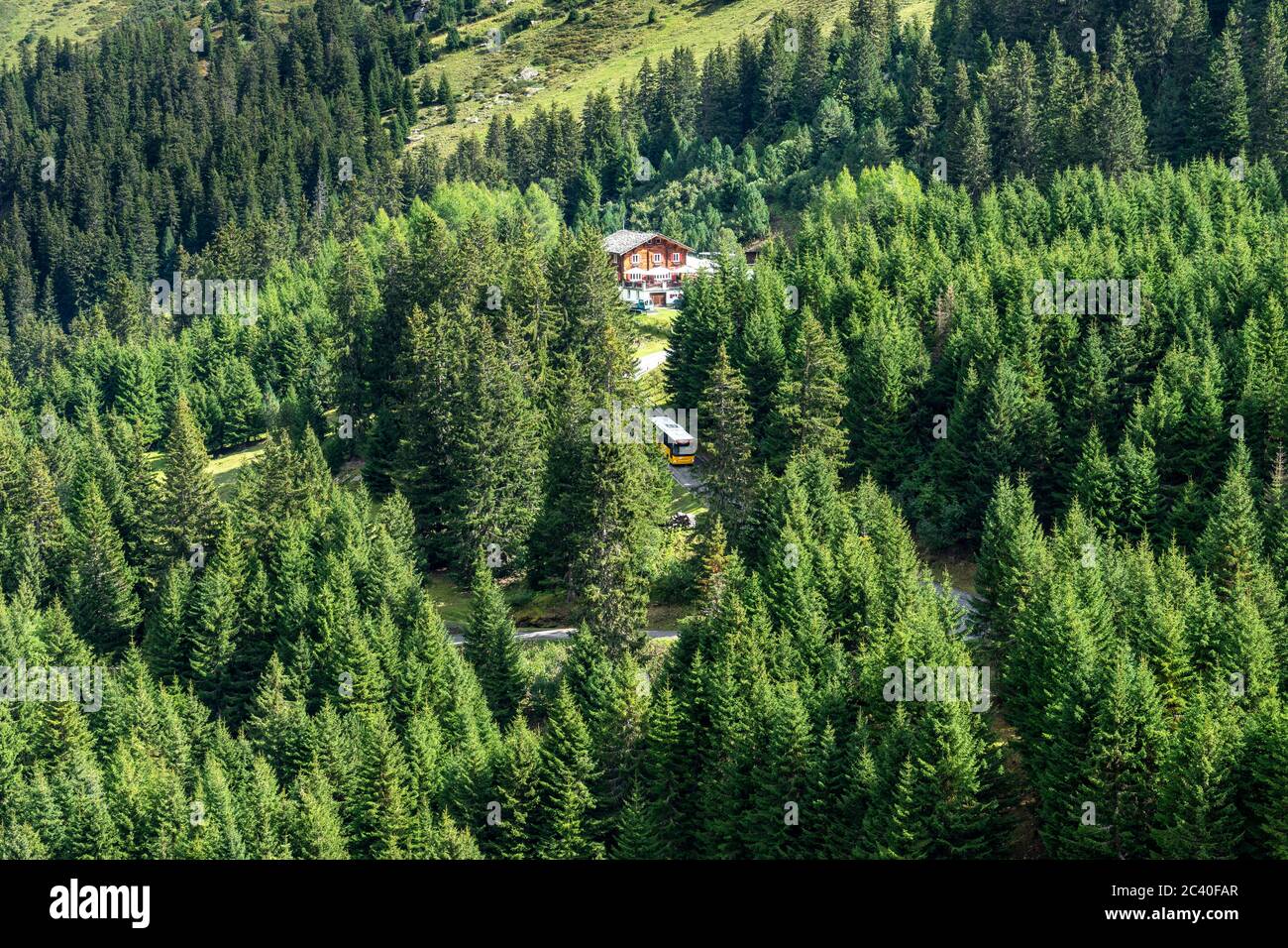 DAS Gasthaus Zervreila und ein Postauto wenig unterhalb des Zervreililasees, Valser Tal, Graubünden Banque D'Images