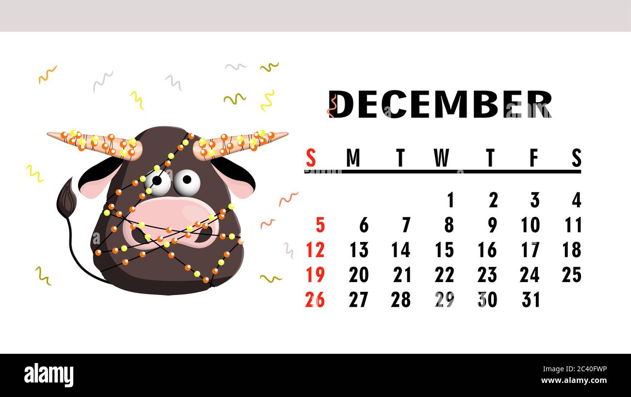 Calendrier page 2021. Calendrier horizontal avec taureaux ou boeufs. Caractère OX. Décembre. Illustration de Vecteur